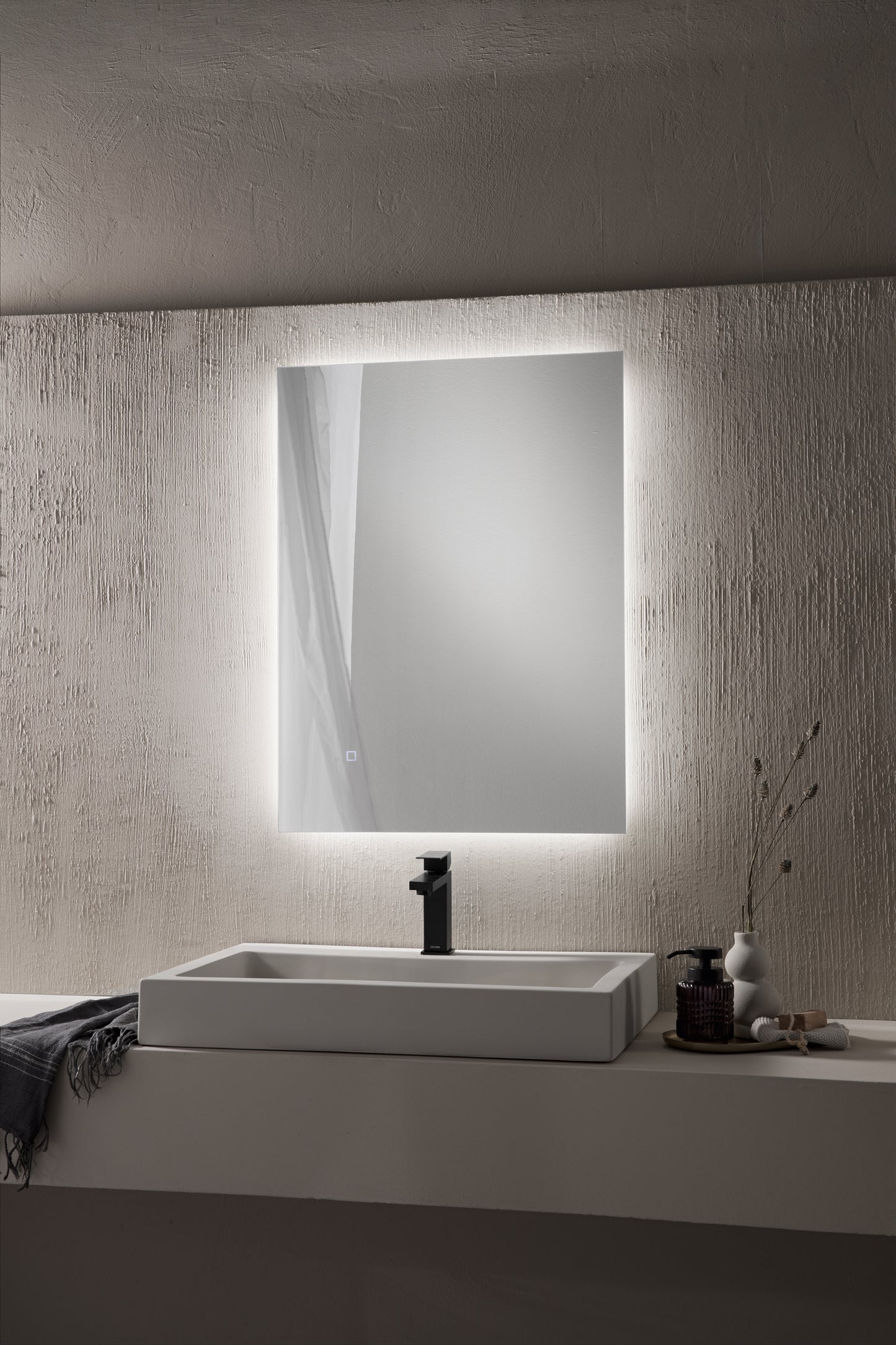 Specchio HALO con illuminazione a LED, rettangolare, CCT 3 temperature, pulsante touch dimming, pellicola antideflagrante, 80 x 60 cm