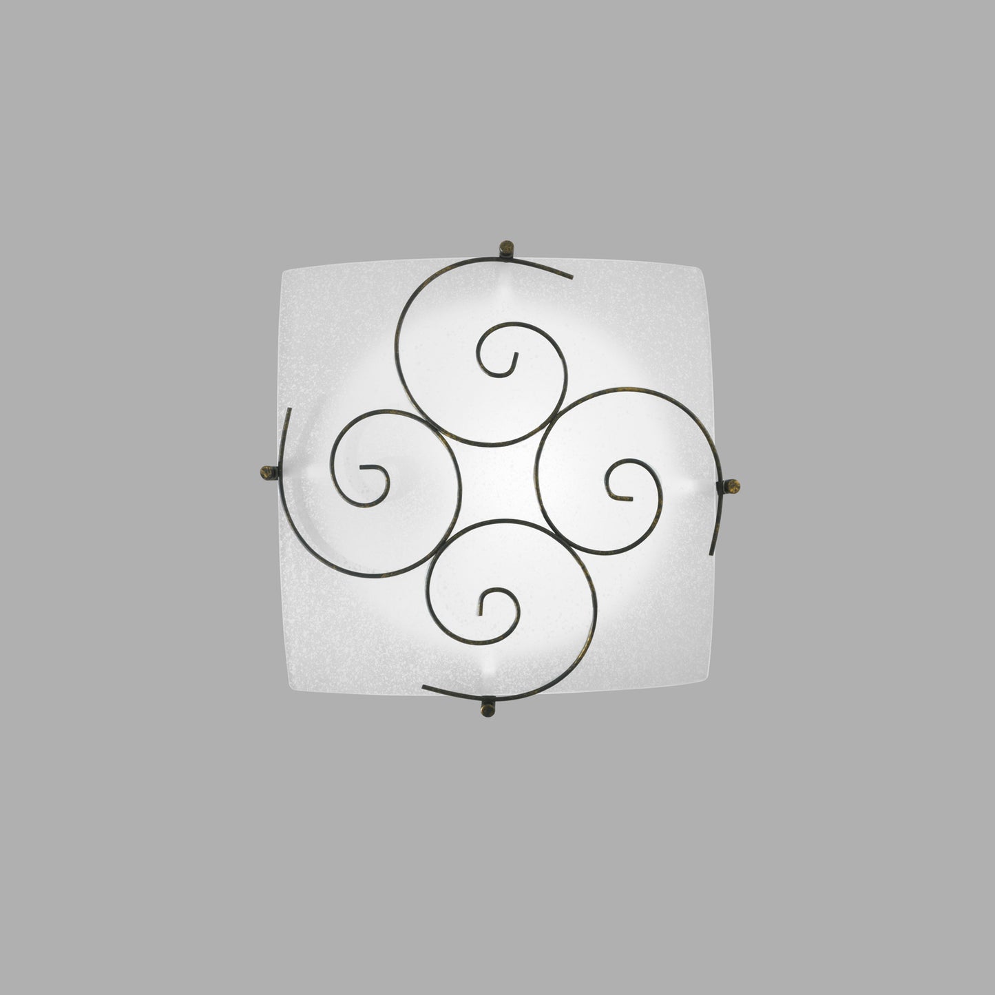 Plafoniera RICCIOLO in vetro bianco con decoro in metallo ruggine 30x30 cm.