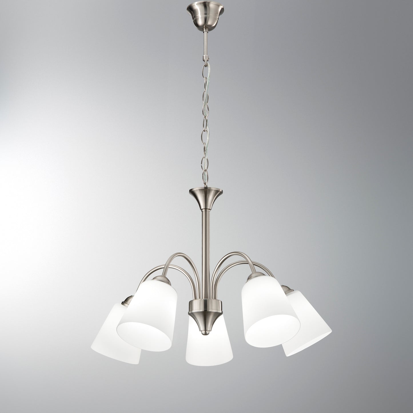 Lampadario 1162 in metallo nichel con cinque diffusori in vetro