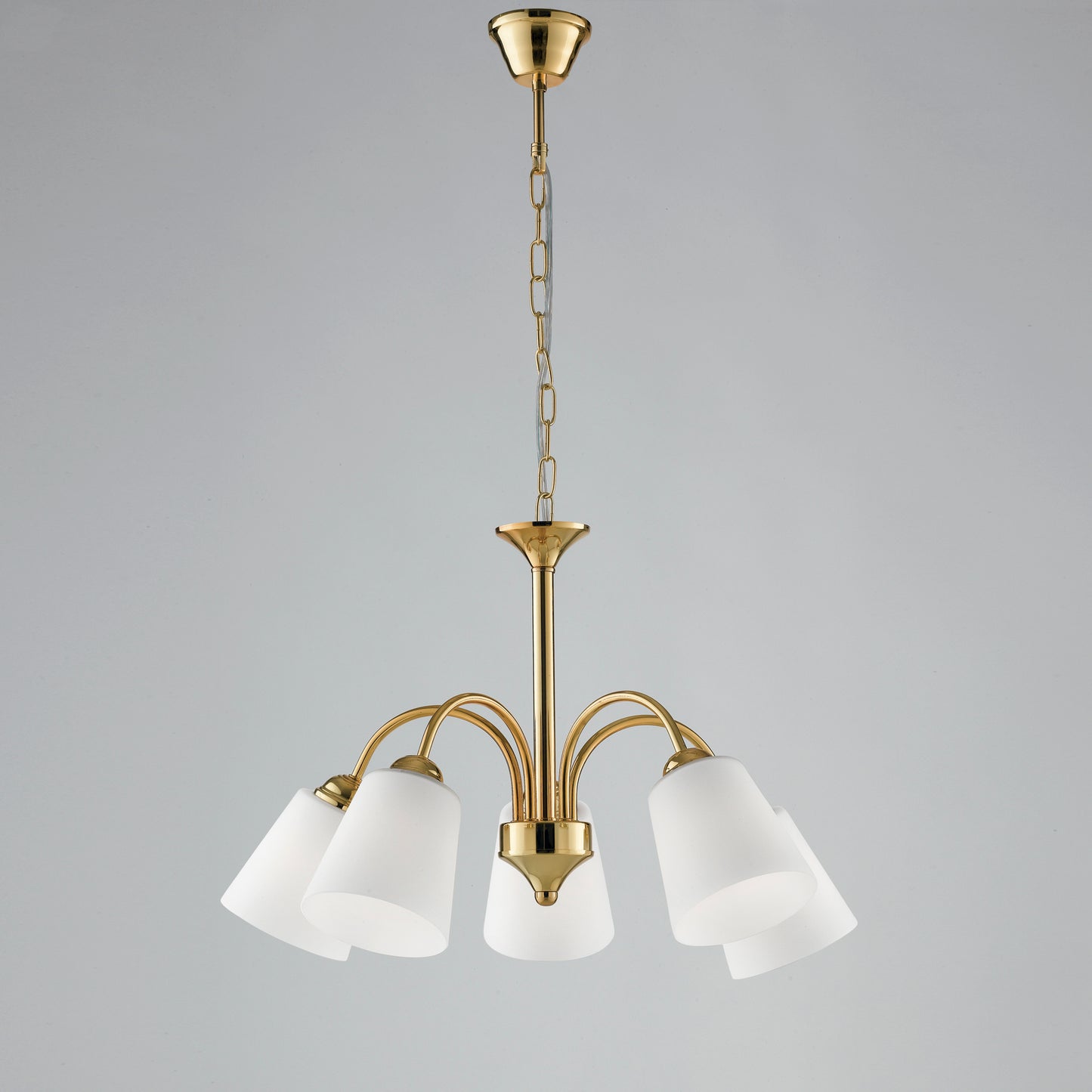 Lampadario 1162 in metallo oro con cinque diffusori in vetro