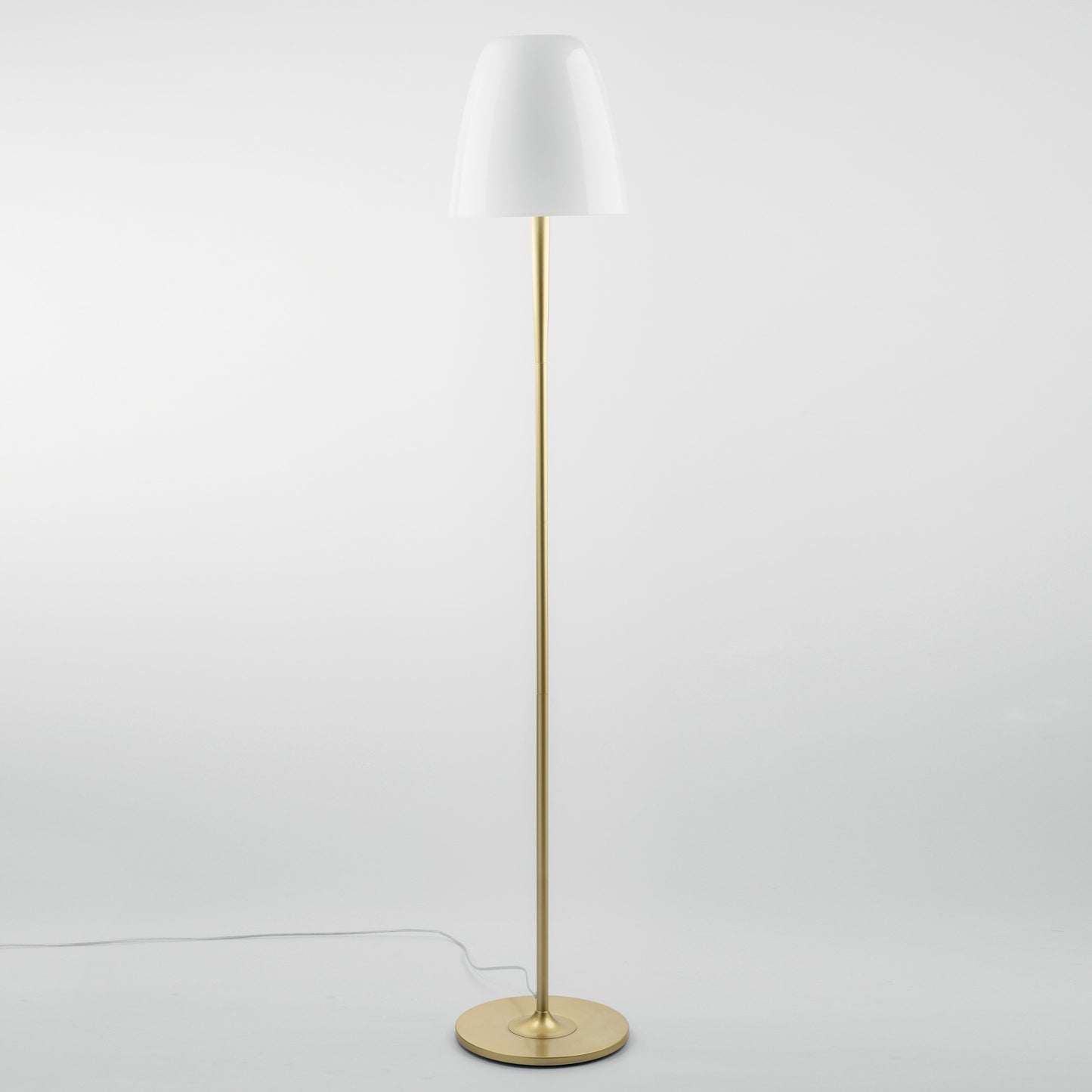 Piantana ARES con struttura in metallo oro e diffusore vetro bianco 159,5cm. 28cm Ø.