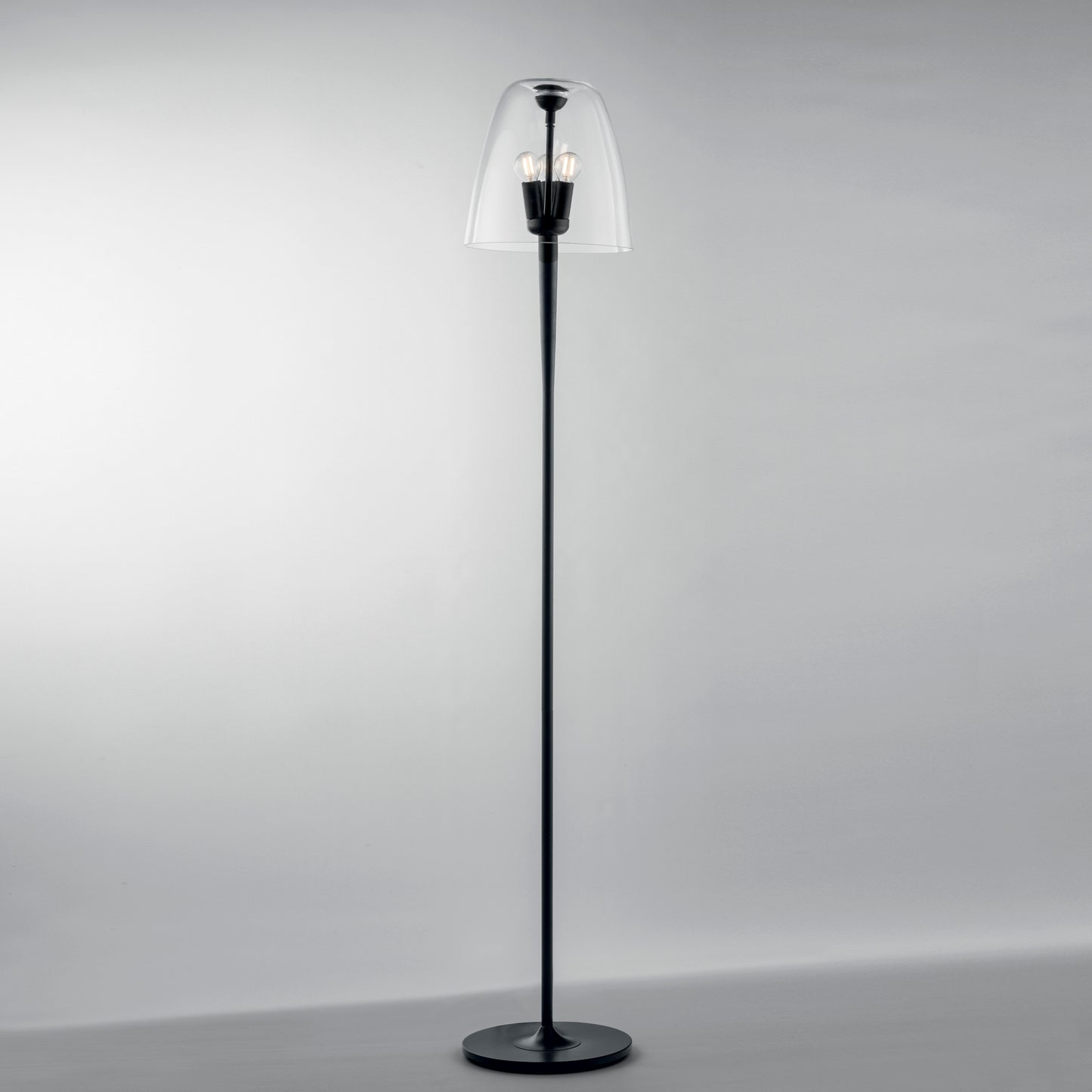 Piantana ARES in metallo nero e diffusore in vetro trasparente 159,5cm, 28 cm Ø.