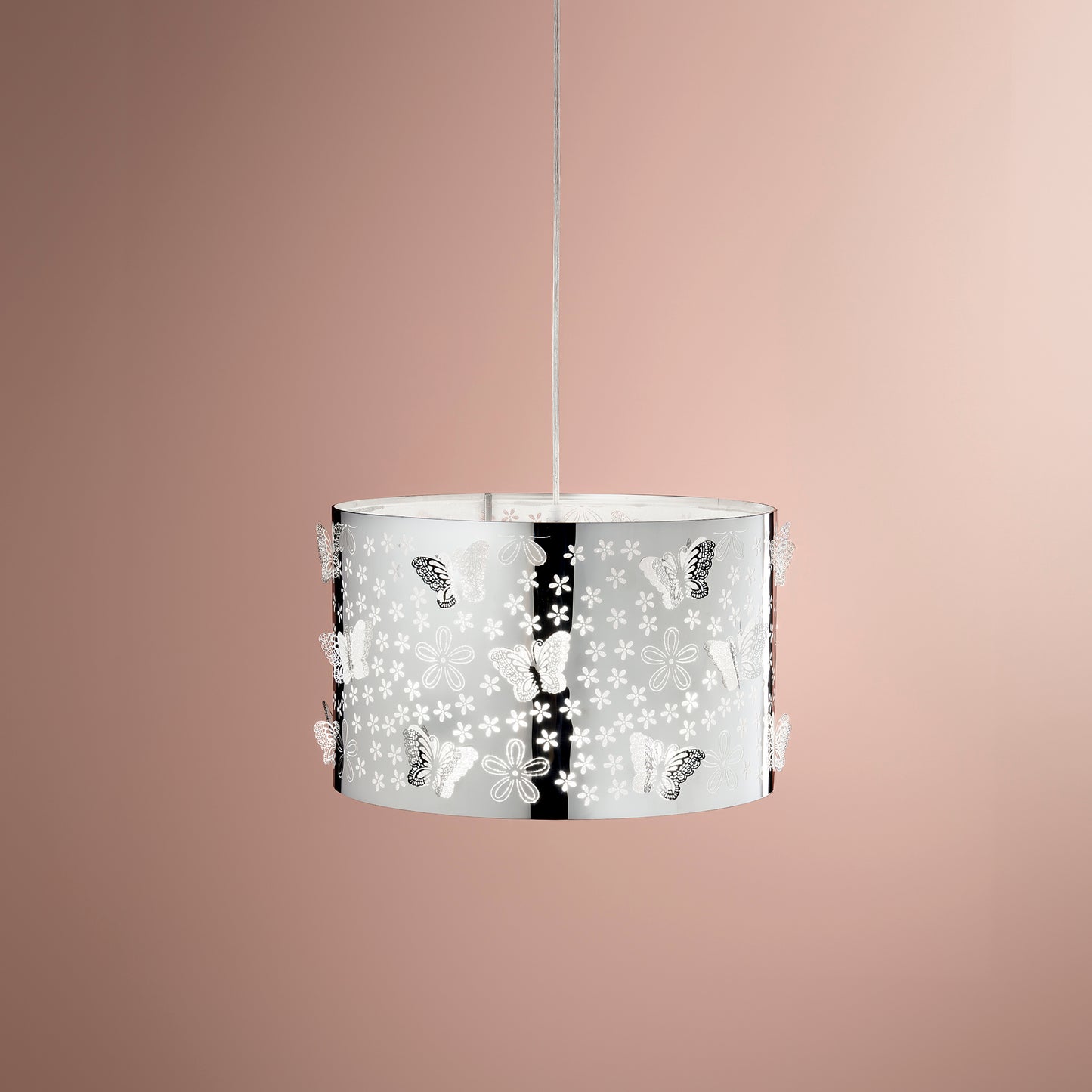 Sospensione BUTTERFLY in acciaio cromato con decorazione laser 35 cm.