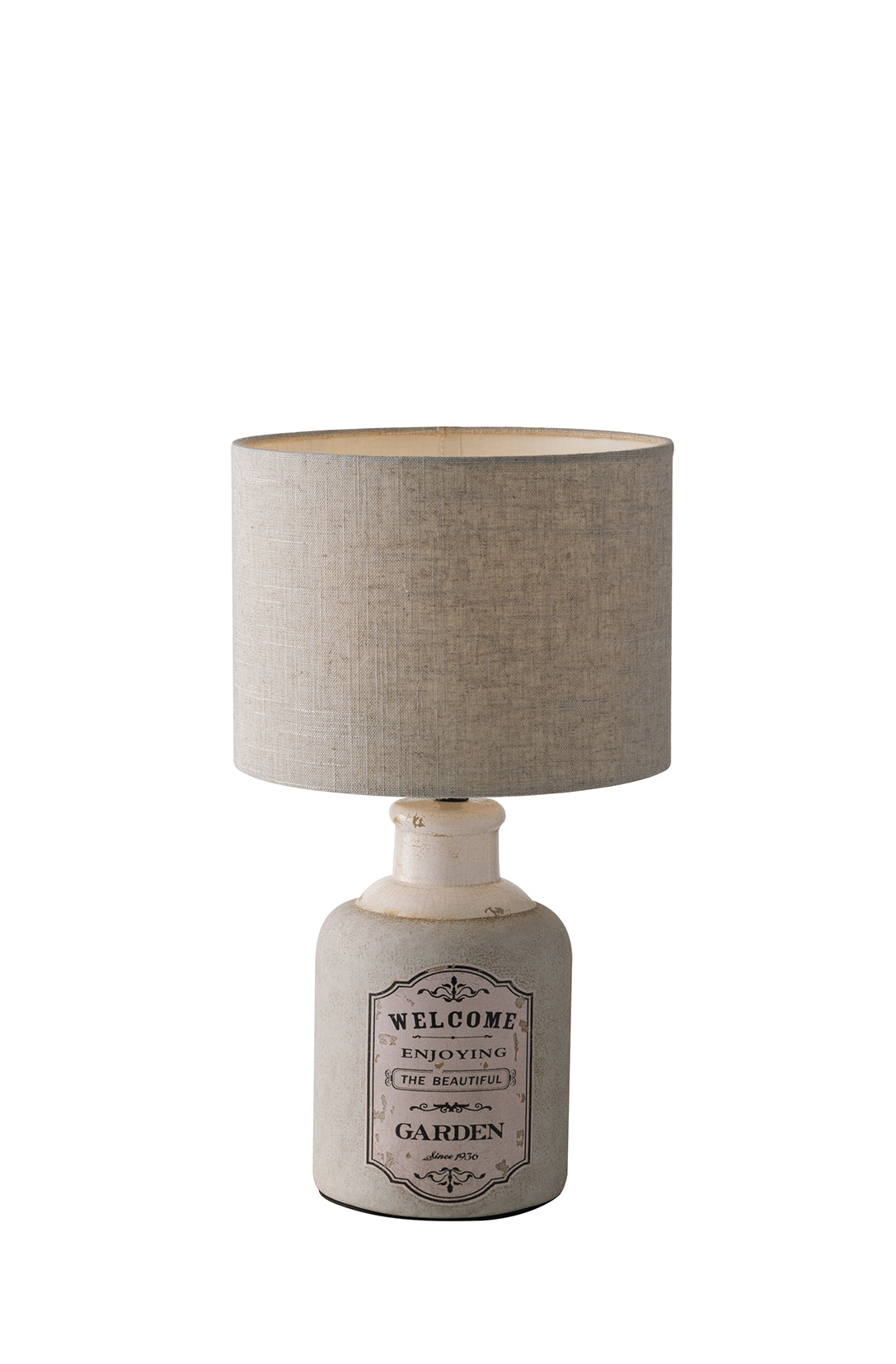 Lampada da tavolo FACTORY in ceramica decorta con paralume in tessuto beige 43 cm.