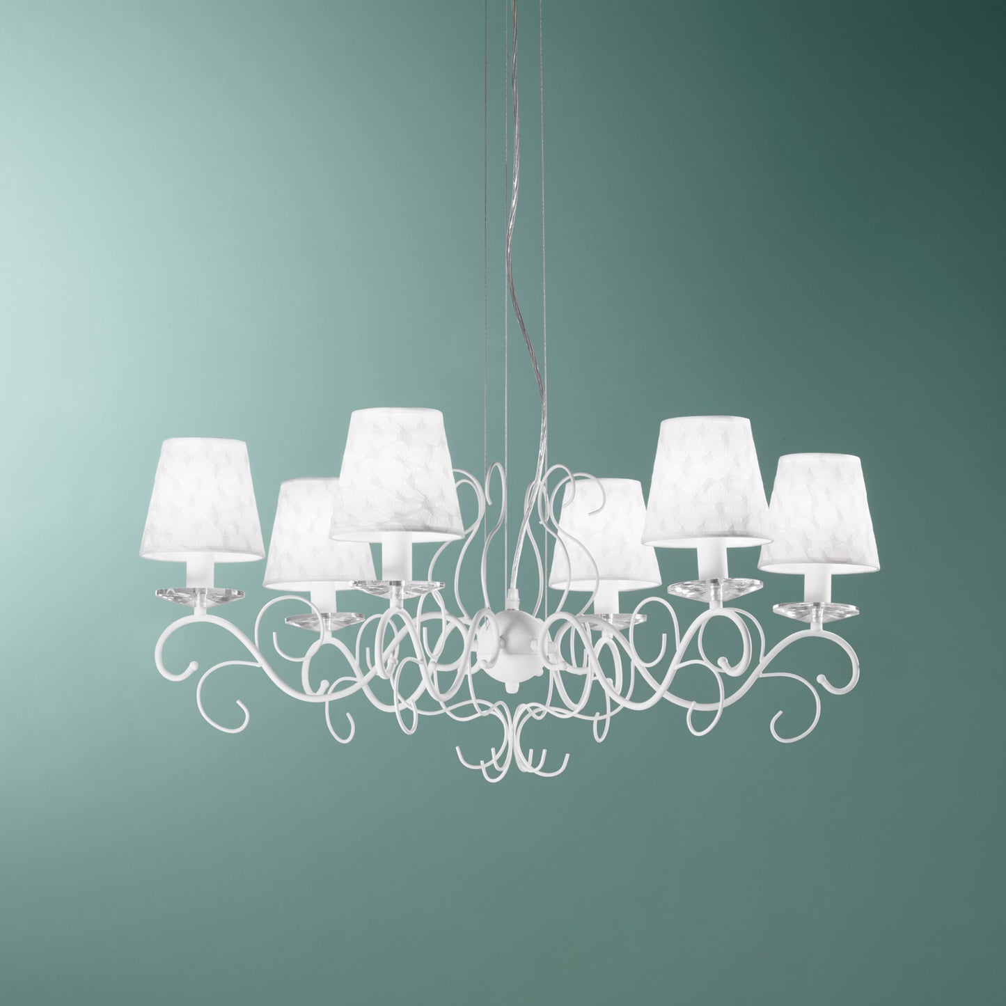 Lampadario PERLA in metallo bianco e cristallo con sei punti luce