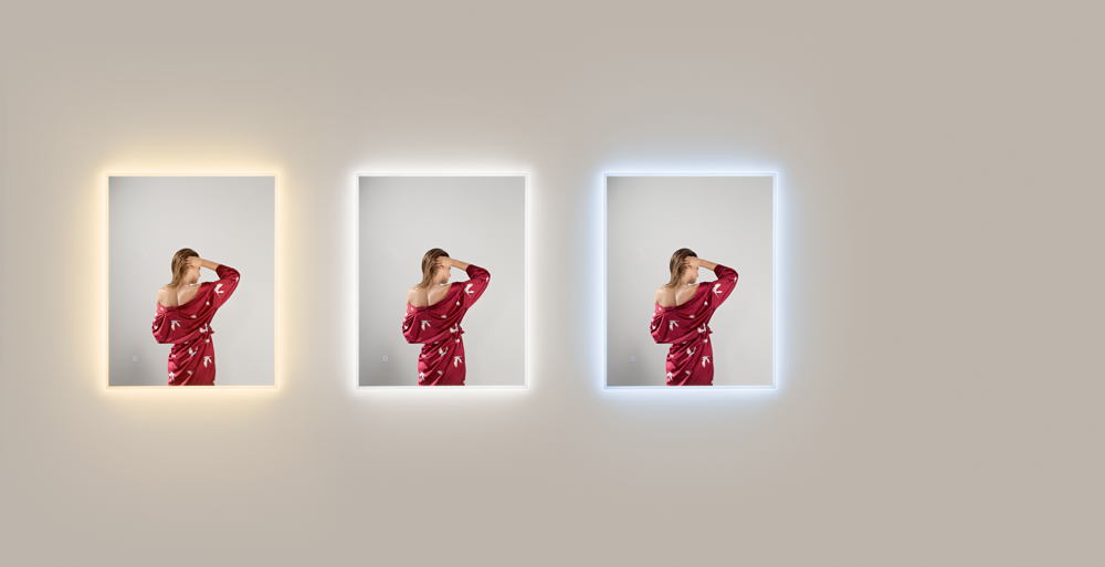 Specchio FRAME con illuminazione a LED, rettangolare con angoli smussati, CCT 3 temperature, touch dimming, pellicola antideflagrante, 90 x 75 cm