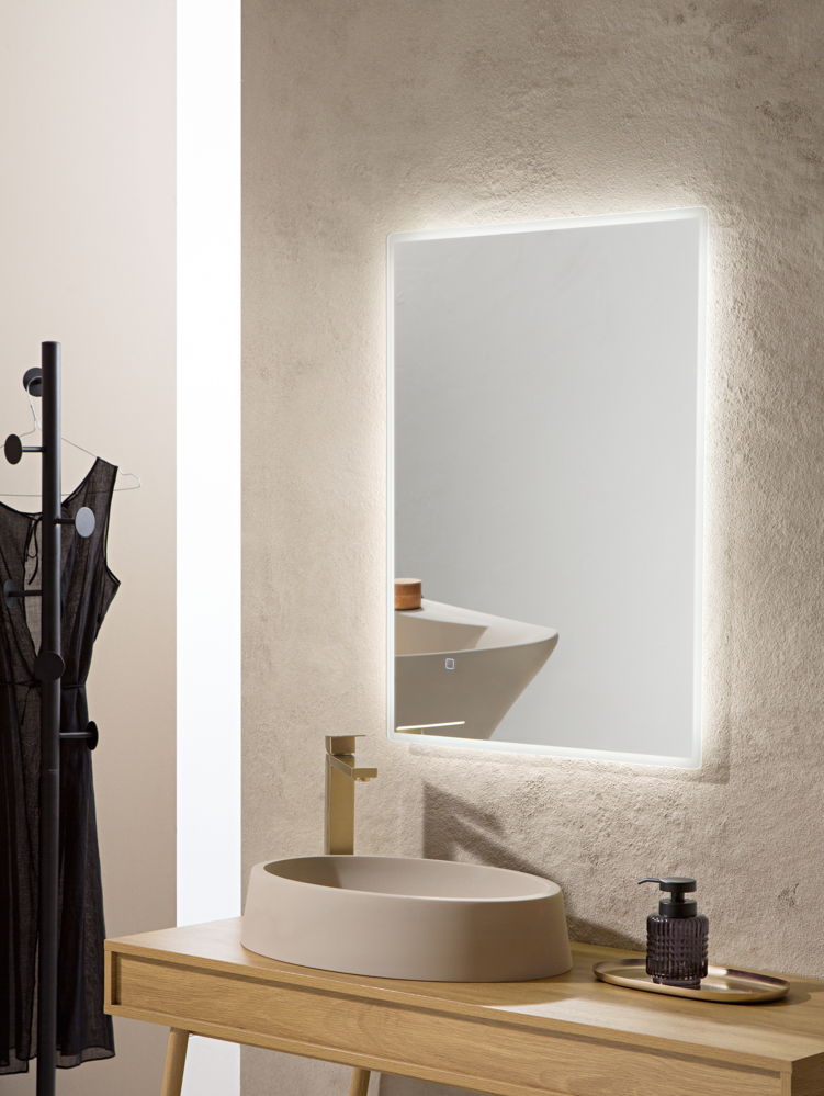 Specchio FRAME con illuminazione a LED, rettangolare con angoli smussati, CCT 3 temperature, touch dimming, pellicola antideflagrante, 80 x 60 cm