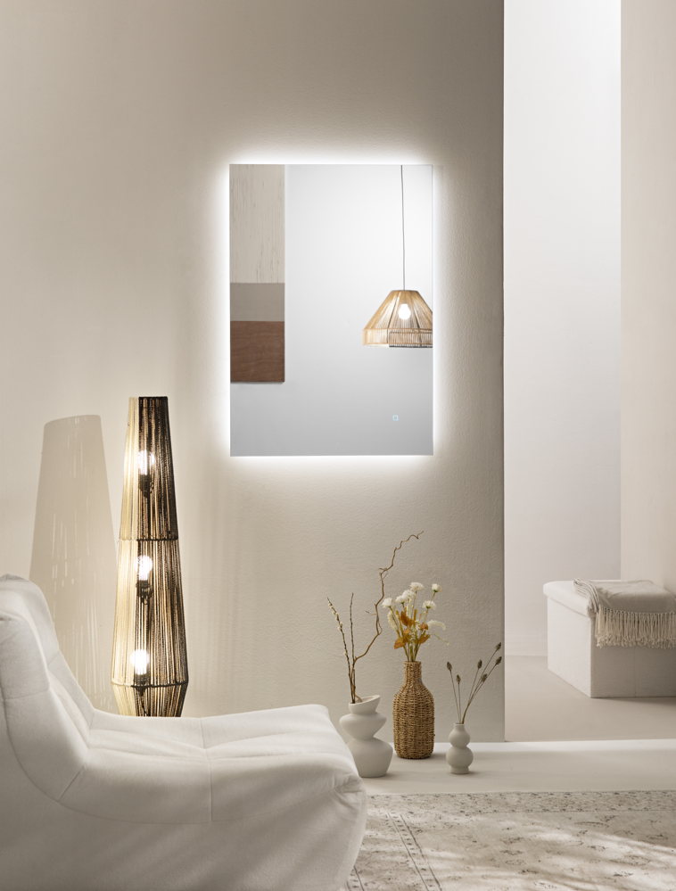 Specchio HALO con illuminazione a LED, rettangolare, CCT 3 temperature, pulsante touch dimming, pellicola antideflagrante, 100 x 70 cm