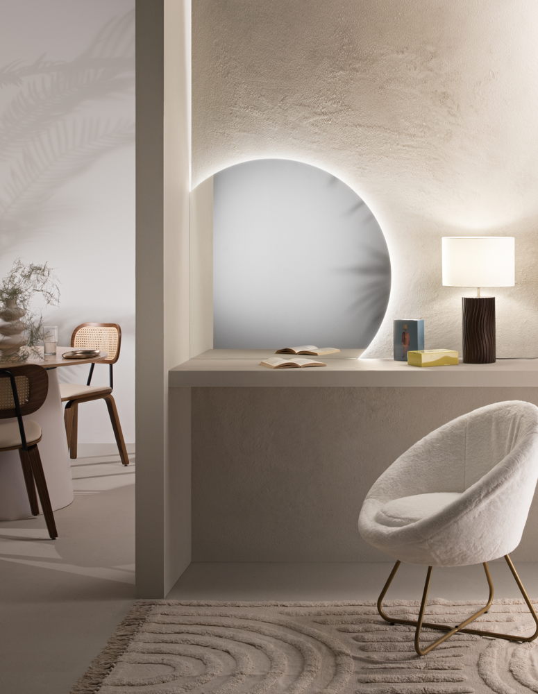 Specchio SUNSET con illuminazione a LED, tondo con doppio taglio a 90°, CCT 2 temperature, pellicola antideflagrante, 85 x 85 cm
