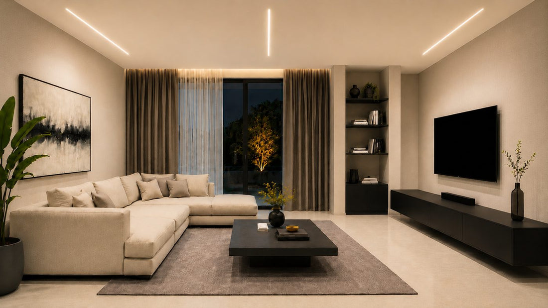 Soggiorno con tagli di luce a soffitto e a parete, di sera