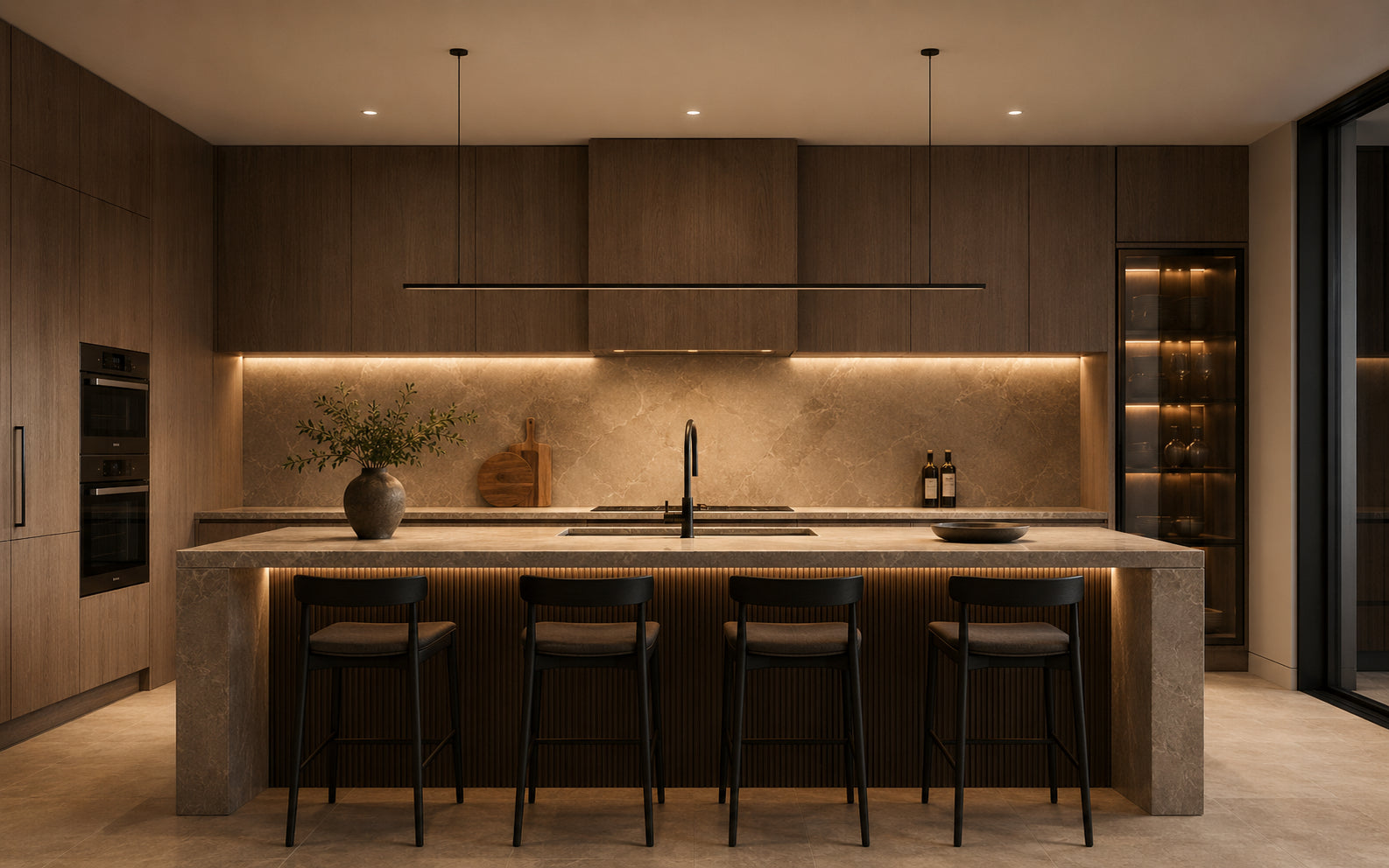 Render di una cucina illuminata la sera: faretti a soffitto, sospensione lineare sull'isola e luce sottopensile