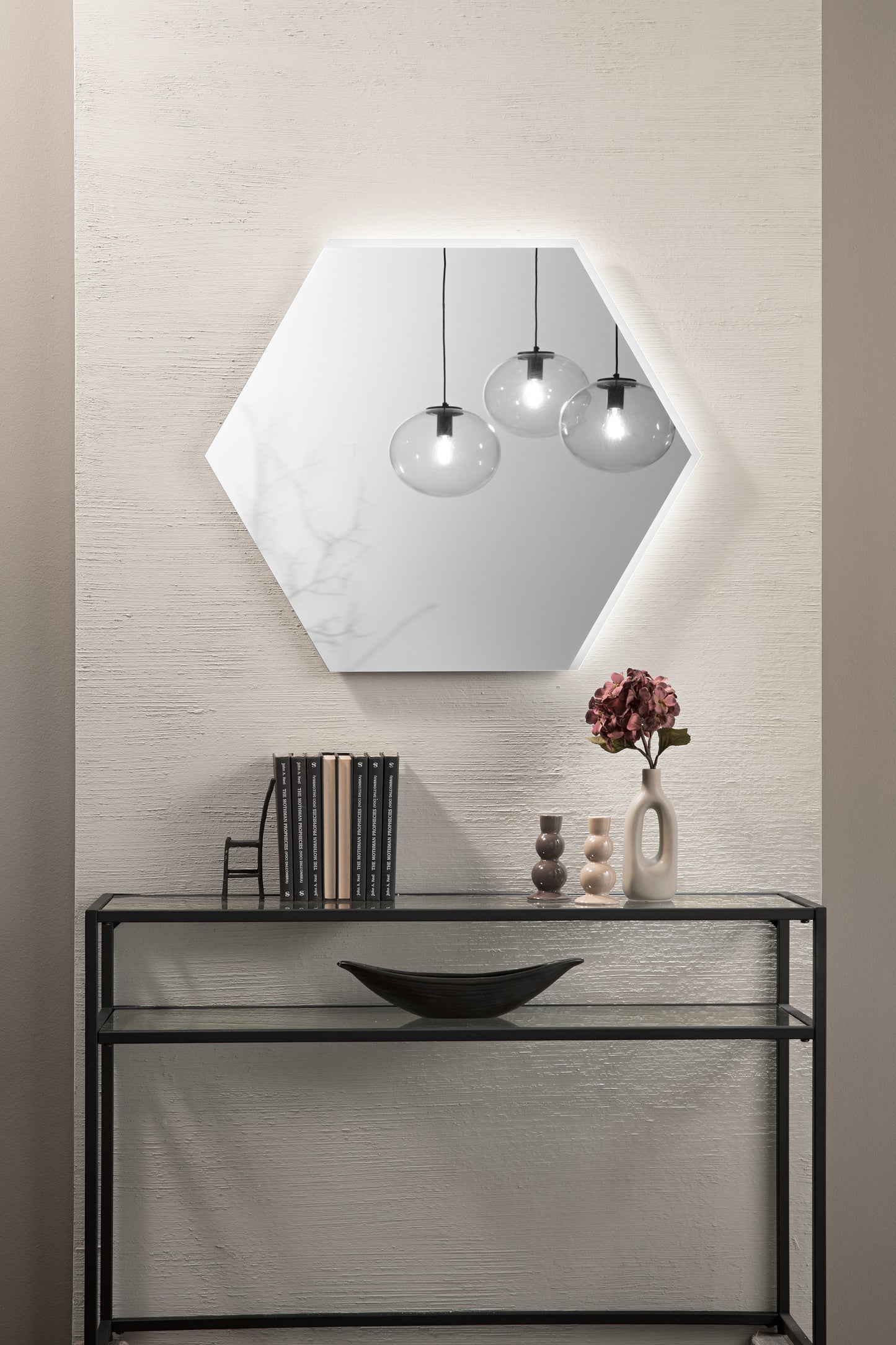 Specchio EXA esagonale con illuminazione a LED, bordo satinato, CCT 2 temperature, pellicola antideflagrante, 80 cm