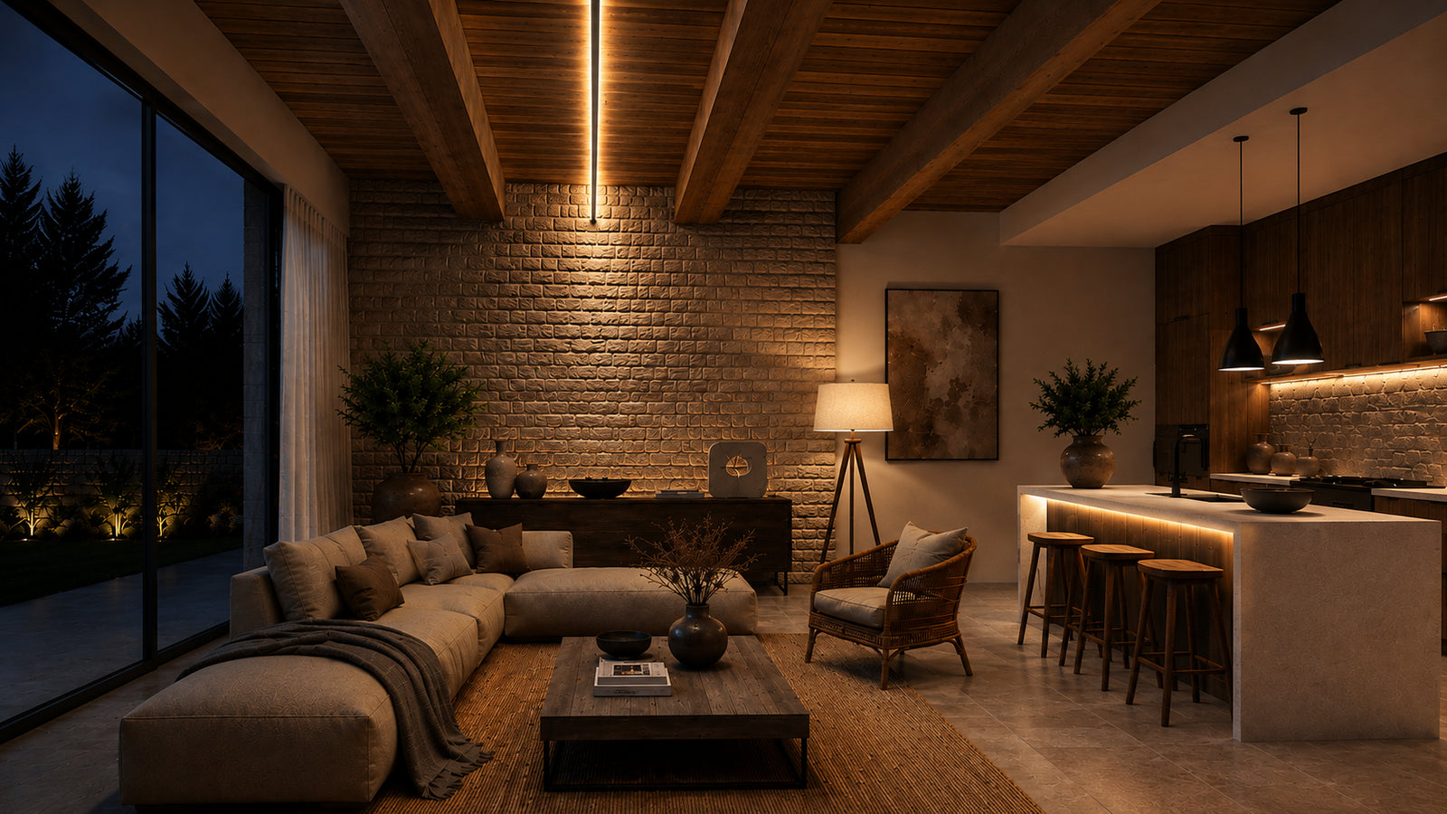 Render di un soggiorno con travi a vista, parete in mattoni e cucina sullo sfondo, illuminato la sera