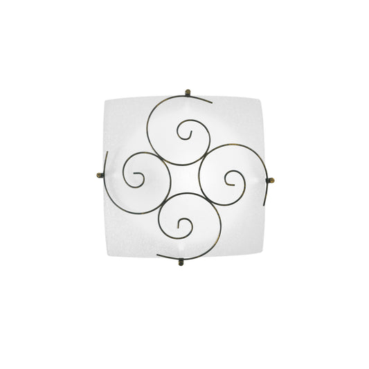 Plafoniera RICCIOLO in vetro bianco con decoro in metallo ruggine 30x30 cm.