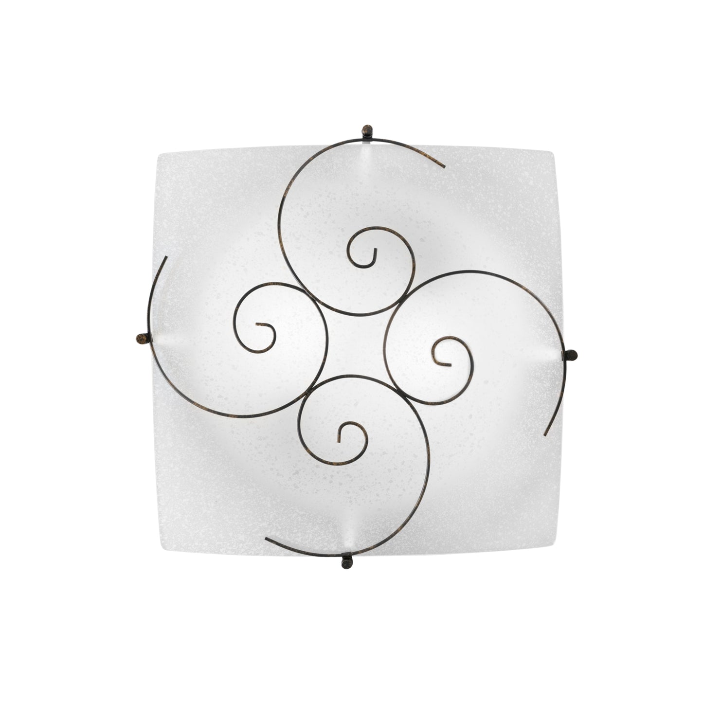 Plafoniera RICCIOLO in vetro bianco con decoro in metallo ruggine 40x40 cm.