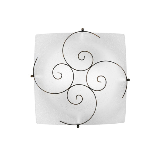 Plafoniera RICCIOLO in vetro bianco con decoro in metallo ruggine 40x40 cm.