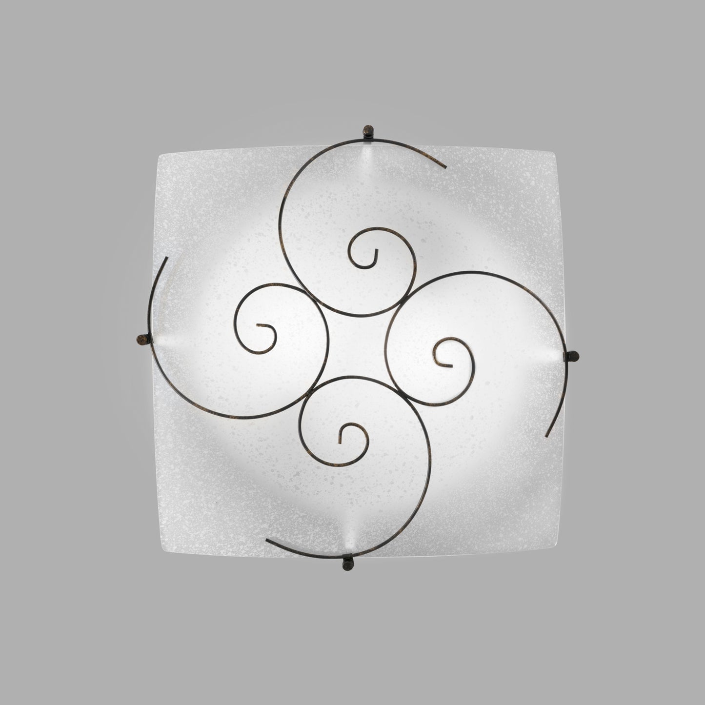 Plafoniera RICCIOLO in vetro bianco con decoro in metallo ruggine 40x40 cm.