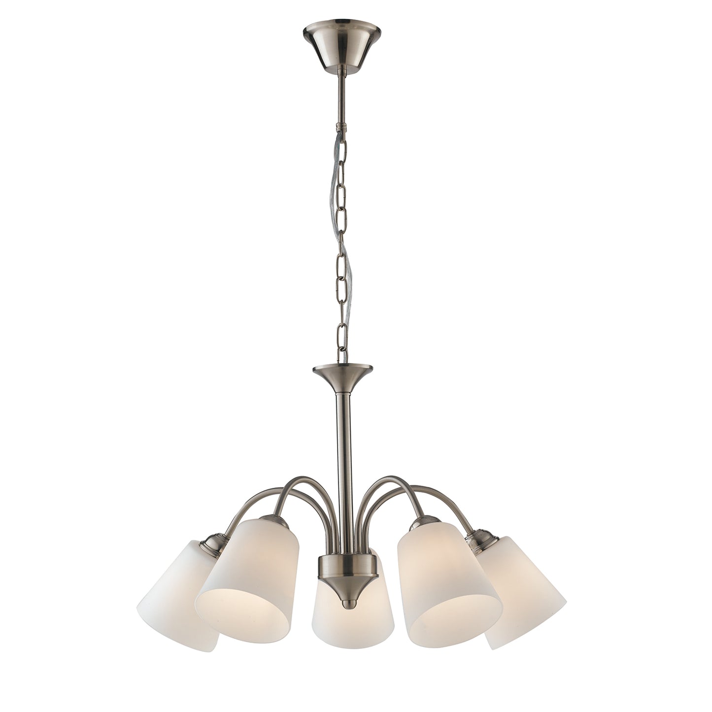 Lampadario 1162 in metallo nichel con cinque diffusori in vetro