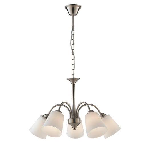 Lampadario 1162 in metallo nichel con cinque diffusori in vetro