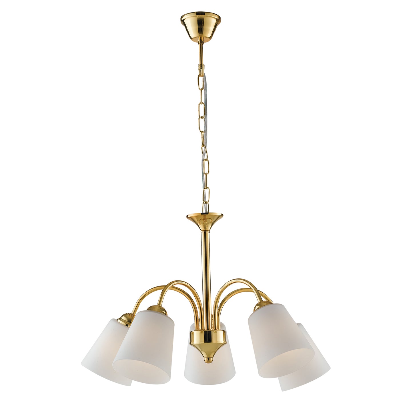 Lampadario 1162 in metallo oro con cinque diffusori in vetro