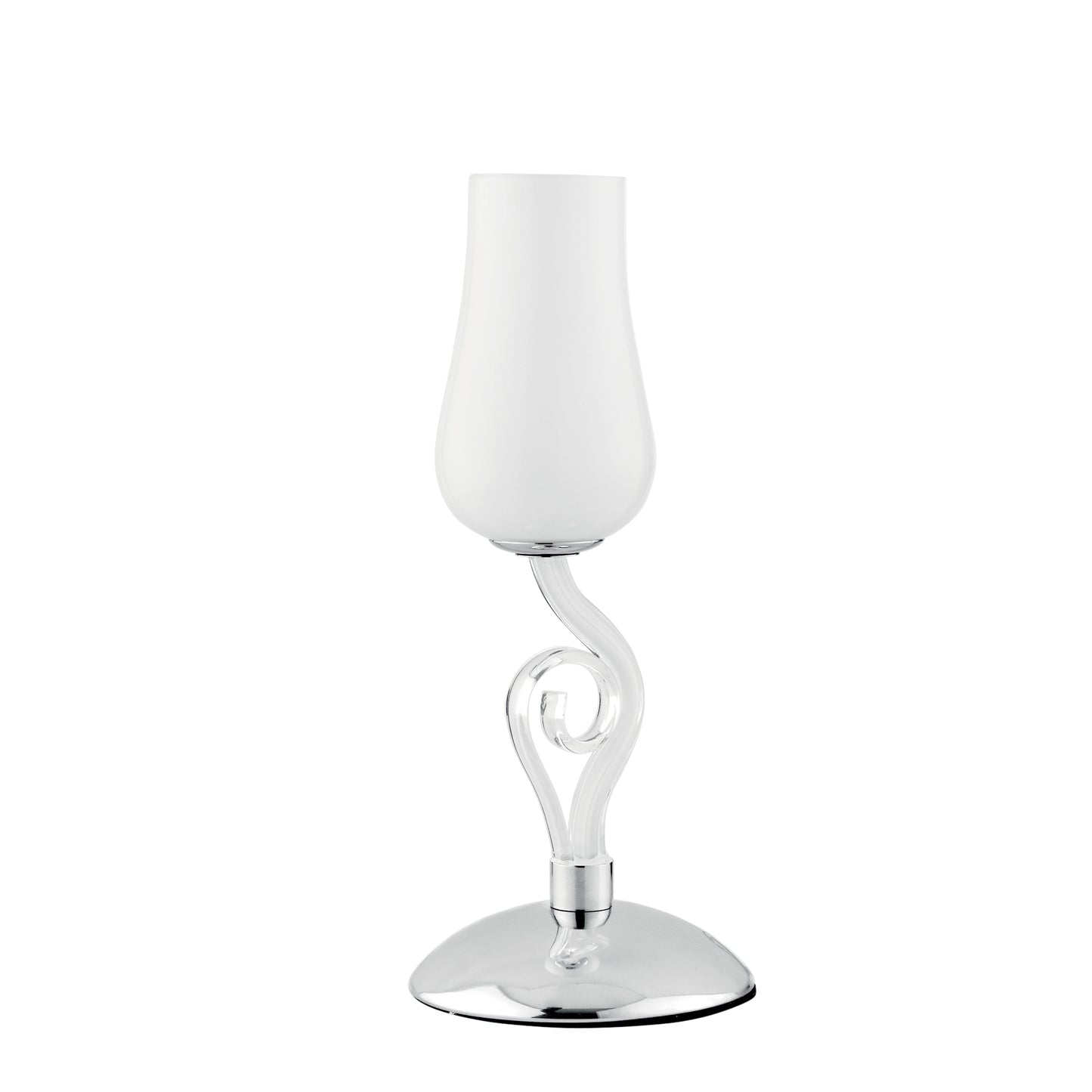 Lampada da tavolo ANGEL in vetro bianco con dettagli cromati e trasparenti 34cm, 15 cm.Ø.