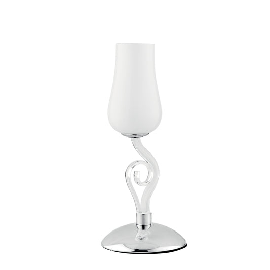Lampada da tavolo ANGEL in vetro bianco con dettagli cromati e trasparenti 34cm, 15 cm.Ø.