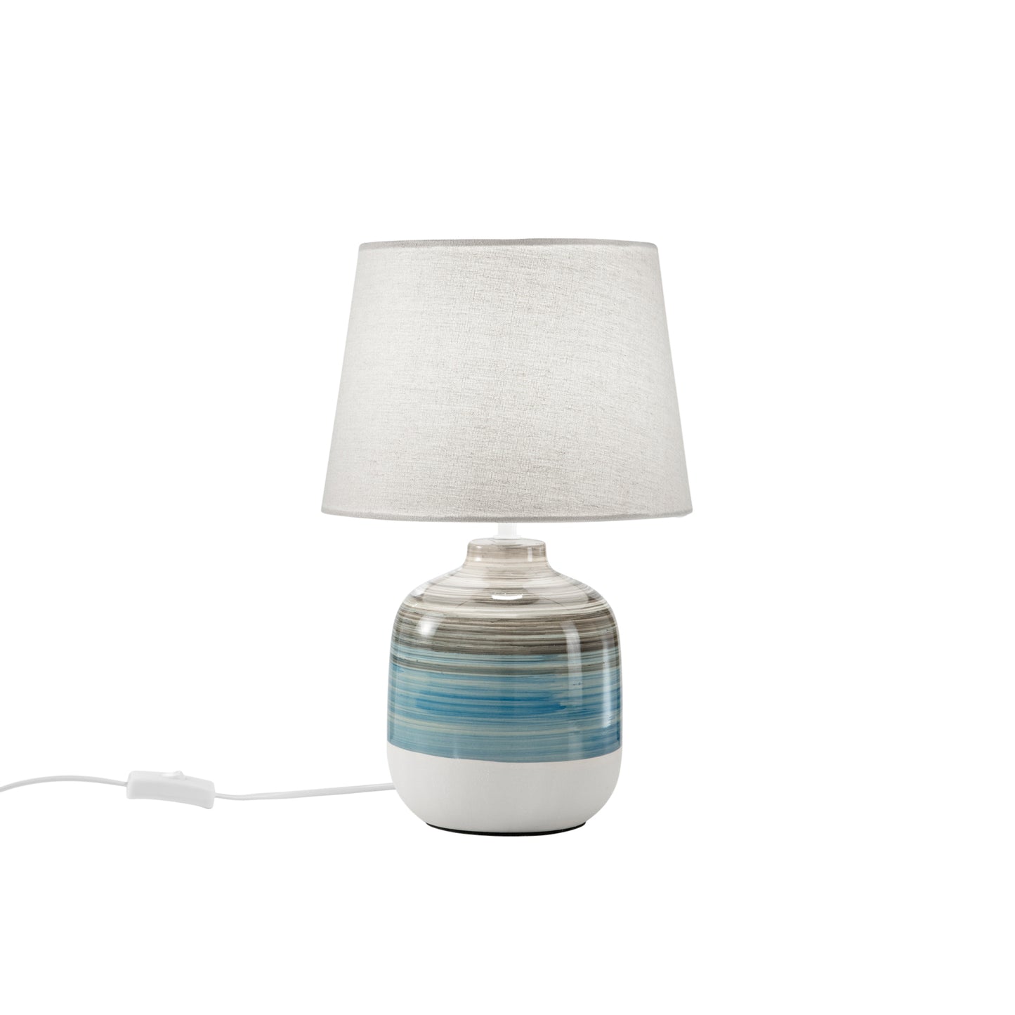 Lume APACHE con base in ceramica e paralume in tessuto bianco.