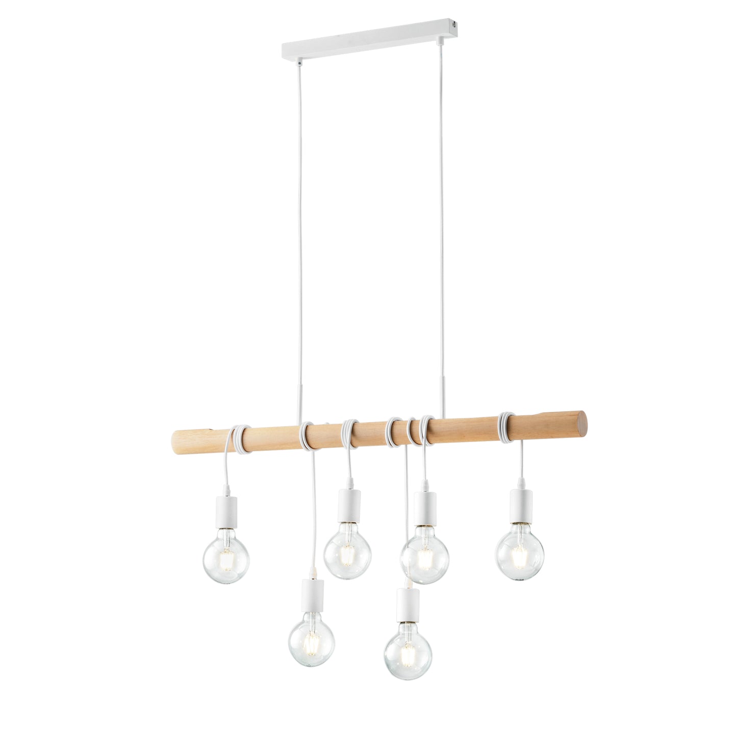 Sospensione ARIZONA 6 punti luce con struttura in legno naturale e montatura in metallo bianco