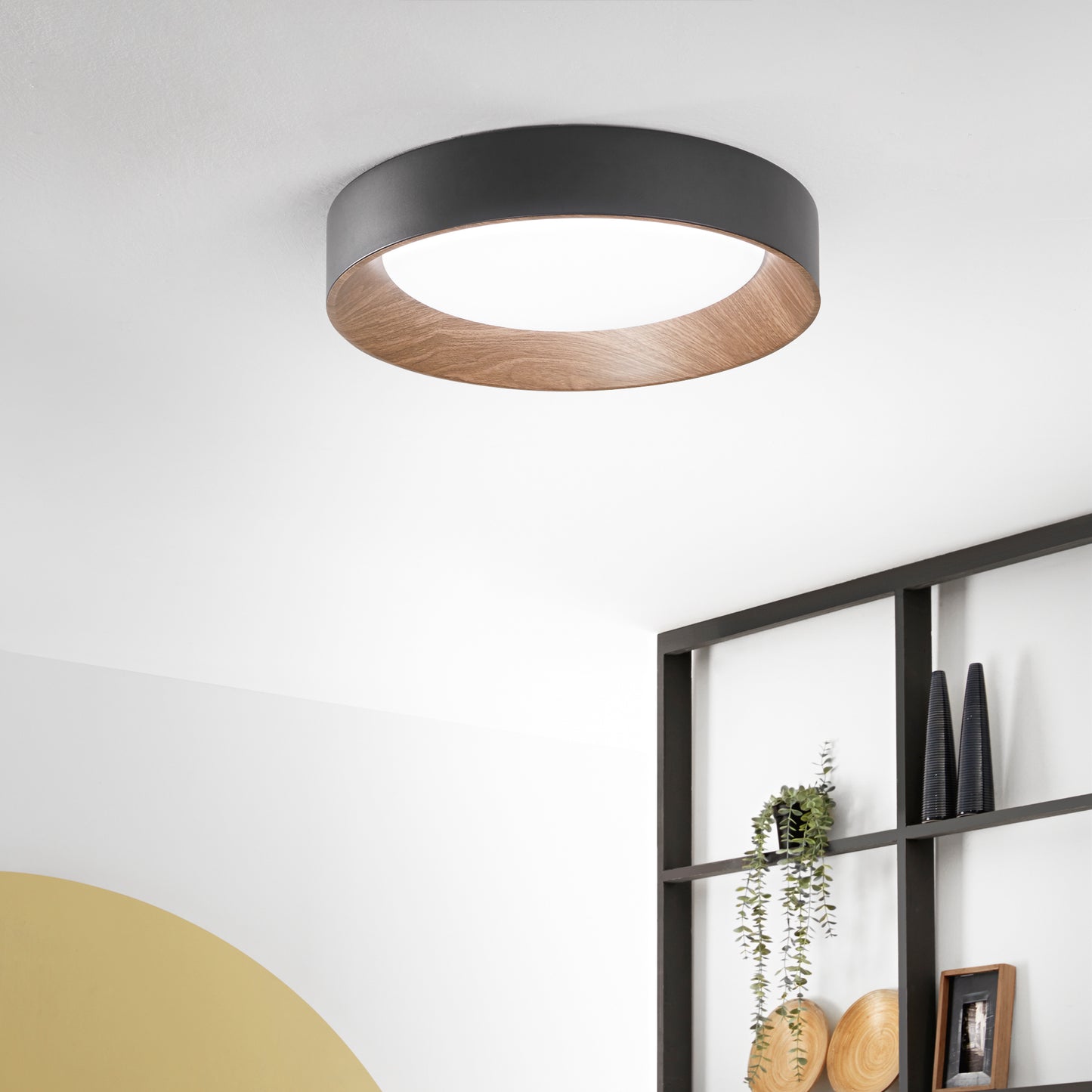 Plafoniera LED ARKA in metallo nero e legno - CCT - 50 cm. Ø