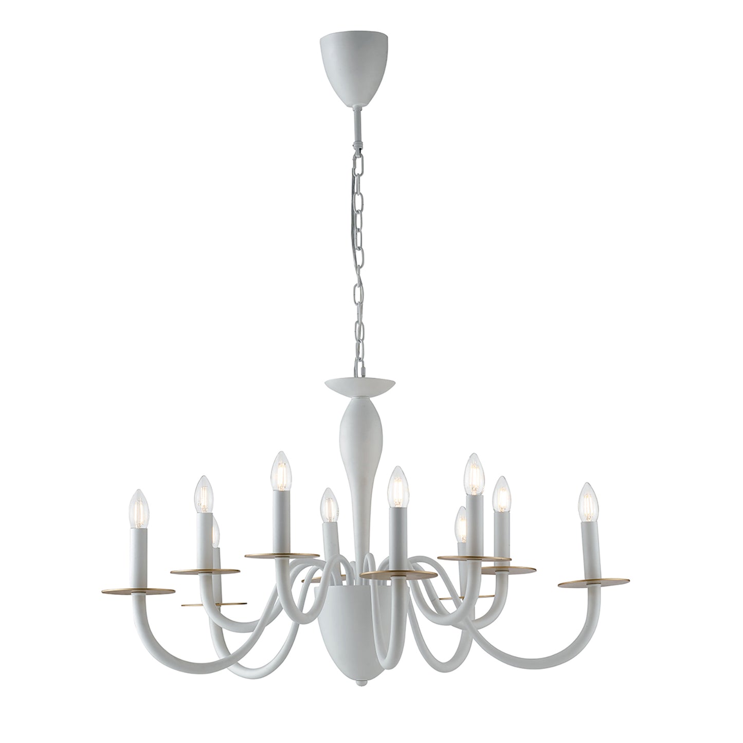 Lampadario ARMSTRONG in metallo bianco a dieci luci con dettagli in oro satinato