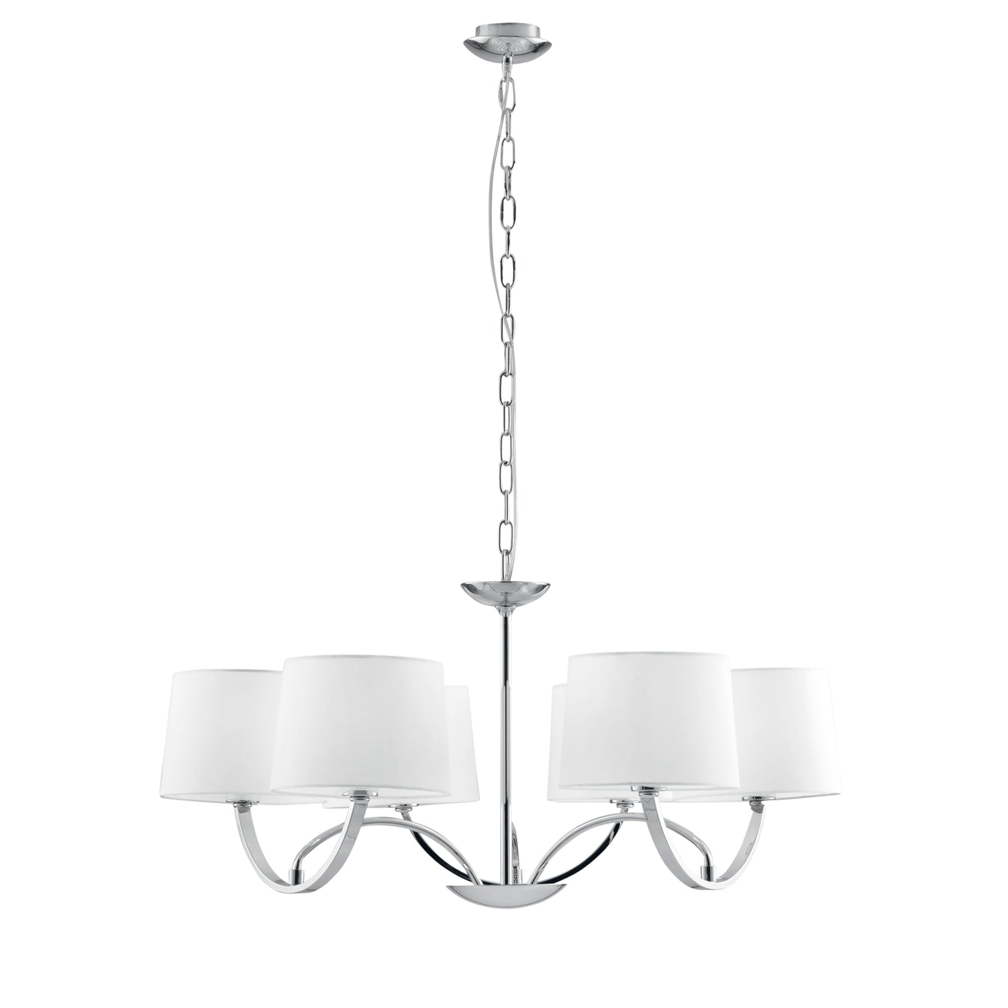 Lampadario ASTORIA in metallo cromato con sei paralumi in tessuto