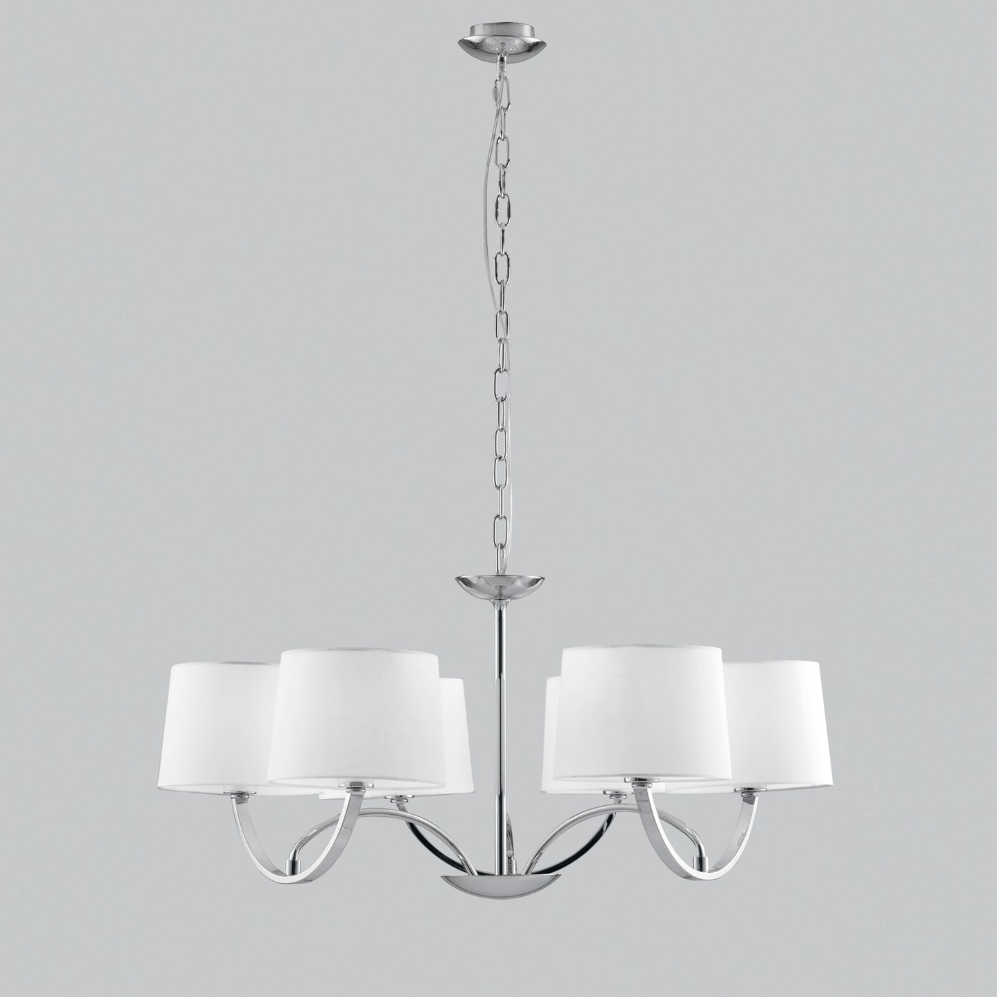 Lampadario ASTORIA in metallo cromato con sei paralumi in tessuto
