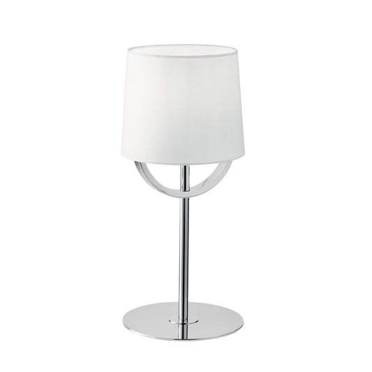Lampada da tavolo ASTORIA in metallo cromato con paralume in tessuto