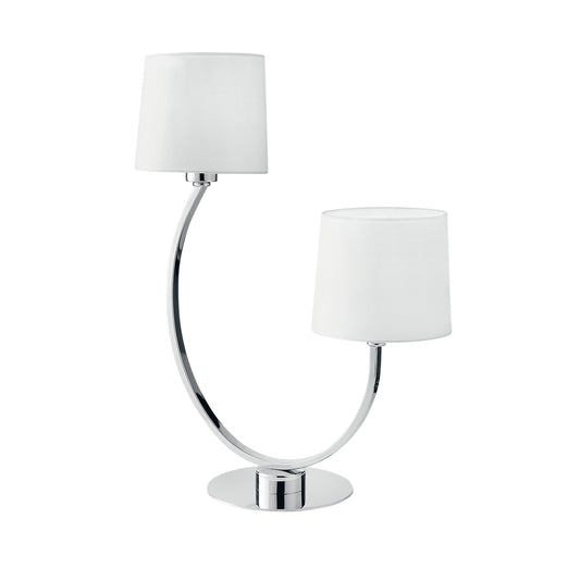 Lampada da tavolo ASTORIA in metallo cromato con due paralumi in tessuto