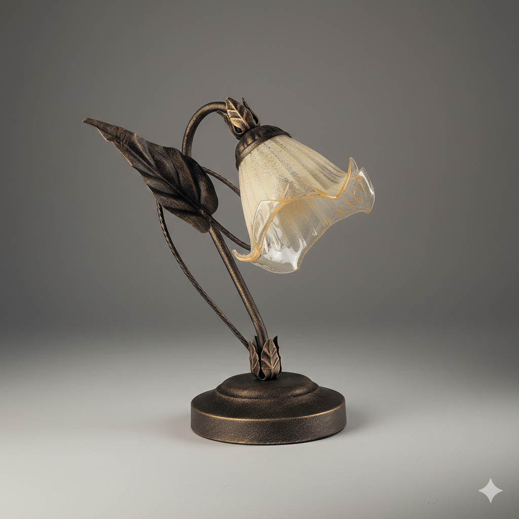Lampada da tavolo AUTUNNO in metallo marrone e vetro con decori foglia