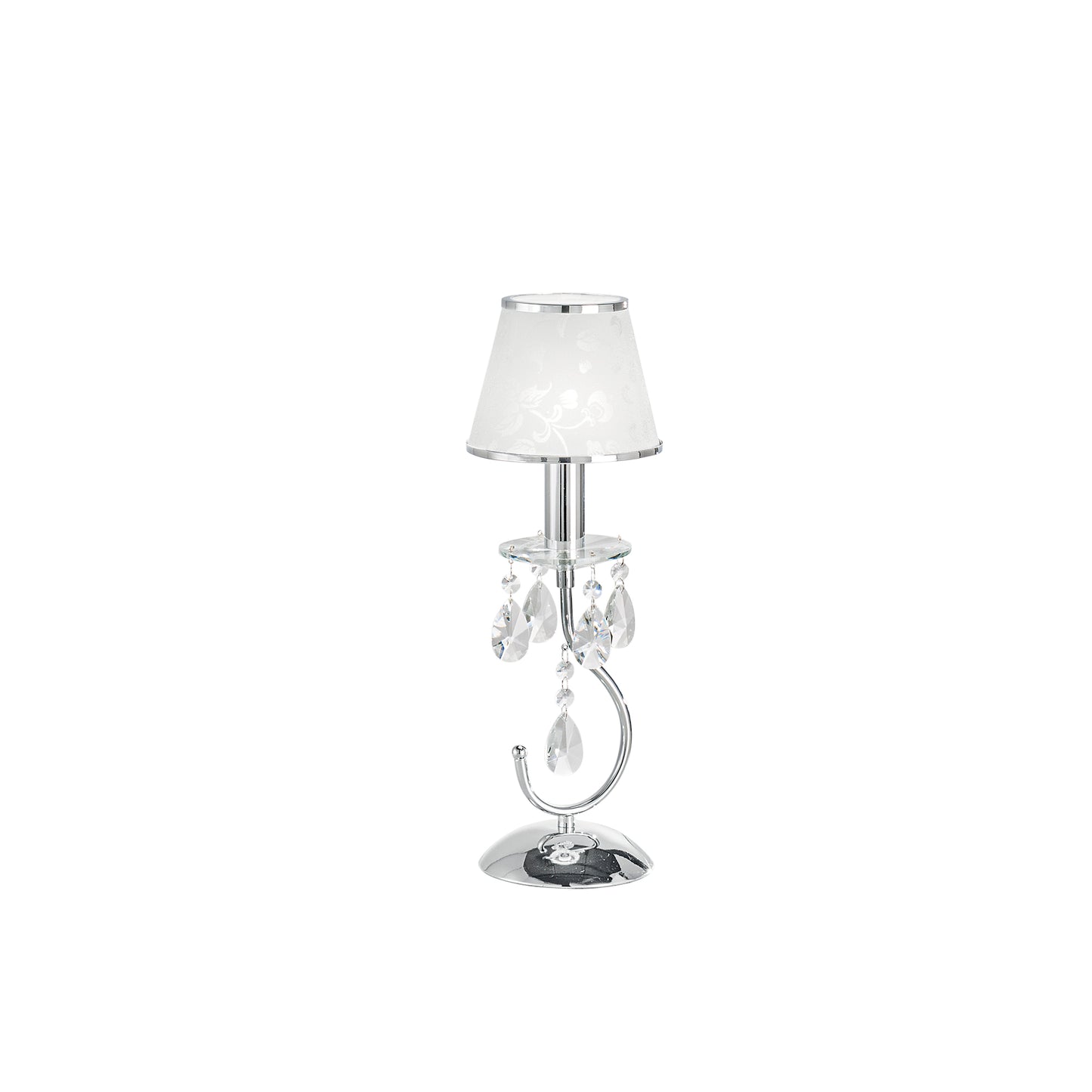 Lumetto BOEME in metallo cromato e cristalli con paralume glitterato 44 cm.