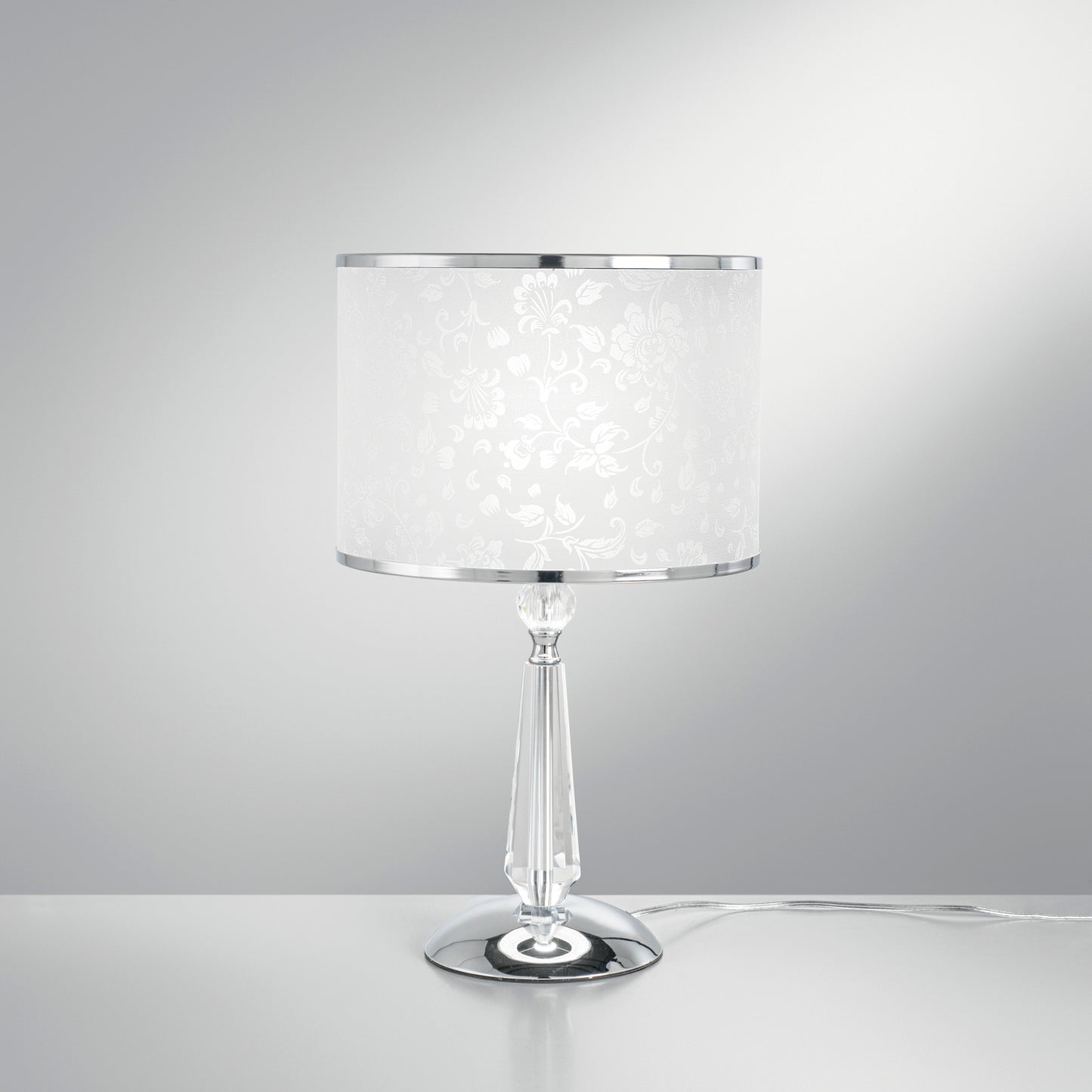 Lume BOEME in metallo cromato e cristalli con paralume glitterato 62 cm.