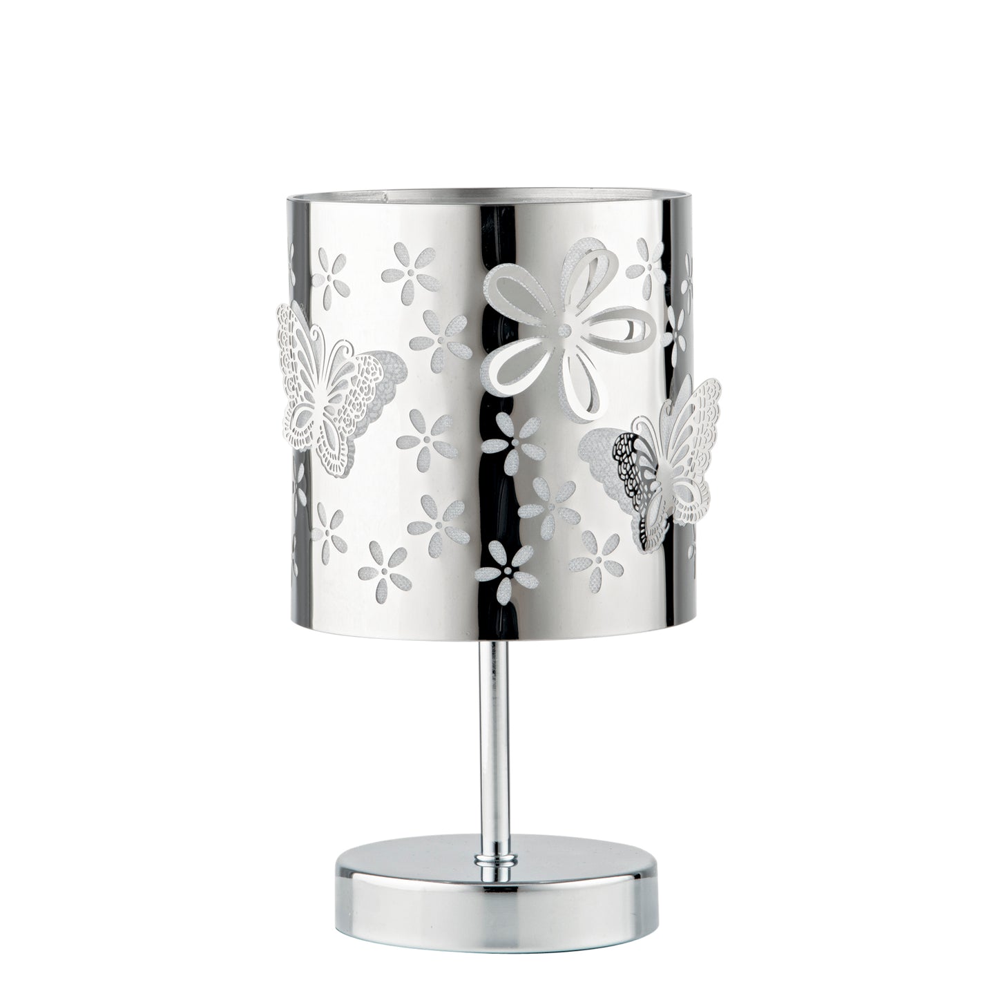 Lampada da tavolo BUTTERFLY in acciaio cromato con decorazione laser