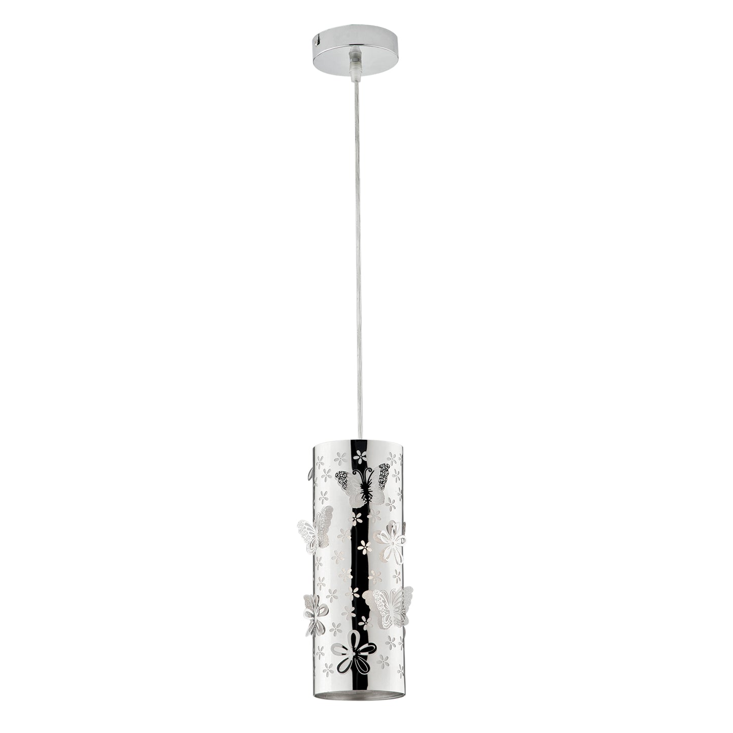 Sospensione BUTTERFLY in acciaio cromato con decorazione laser 10 cm.