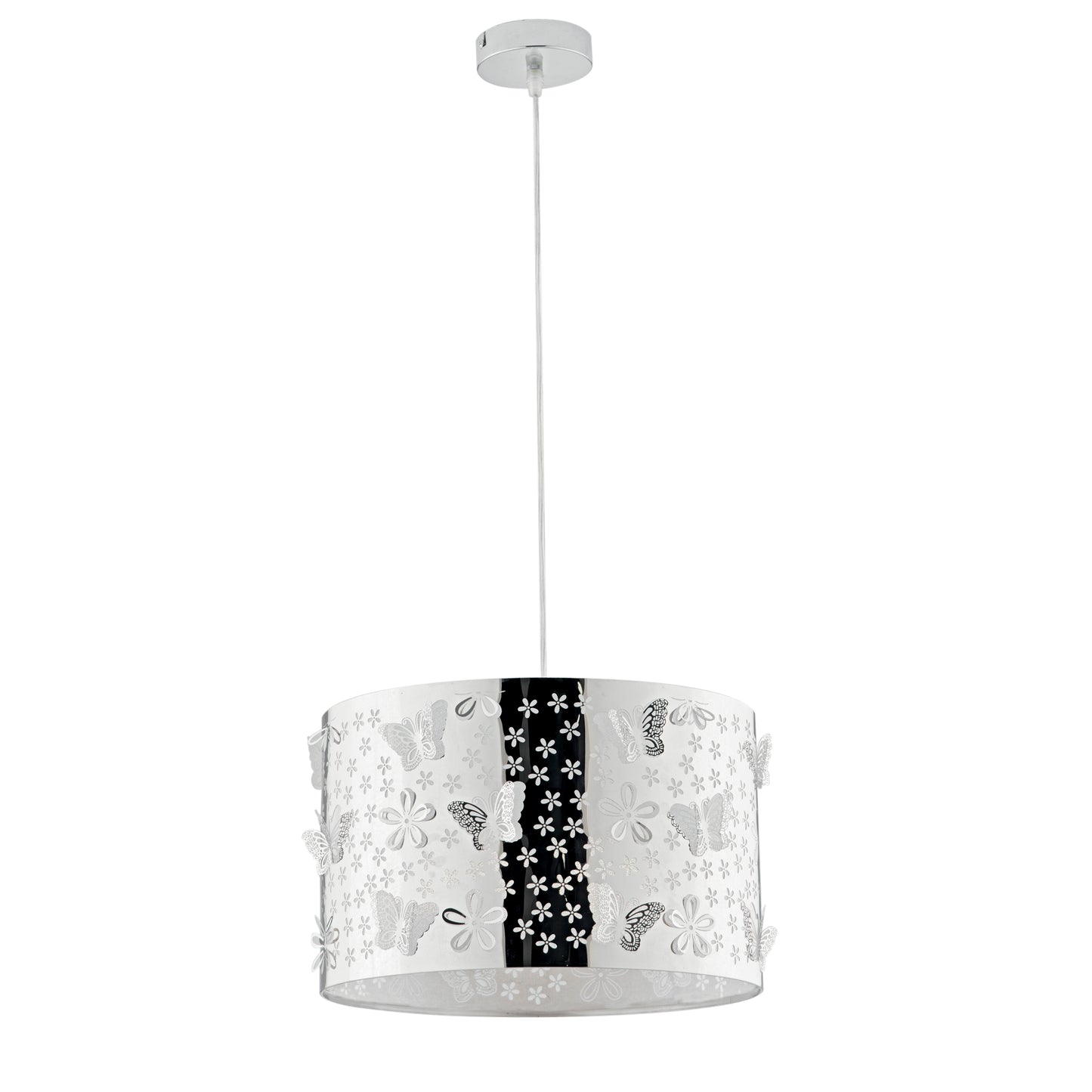 Sospensione BUTTERFLY in acciaio cromato con decorazione laser 35 cm.