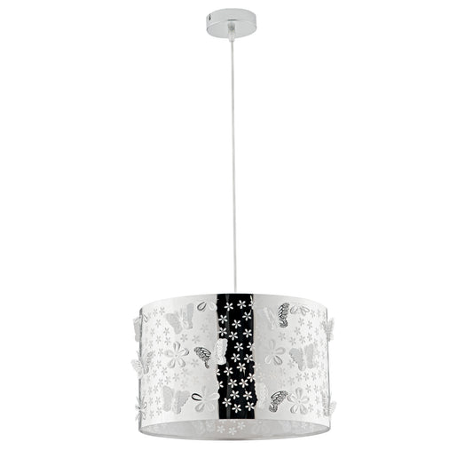 Sospensione BUTTERFLY in acciaio cromato con decorazione laser 35 cm.