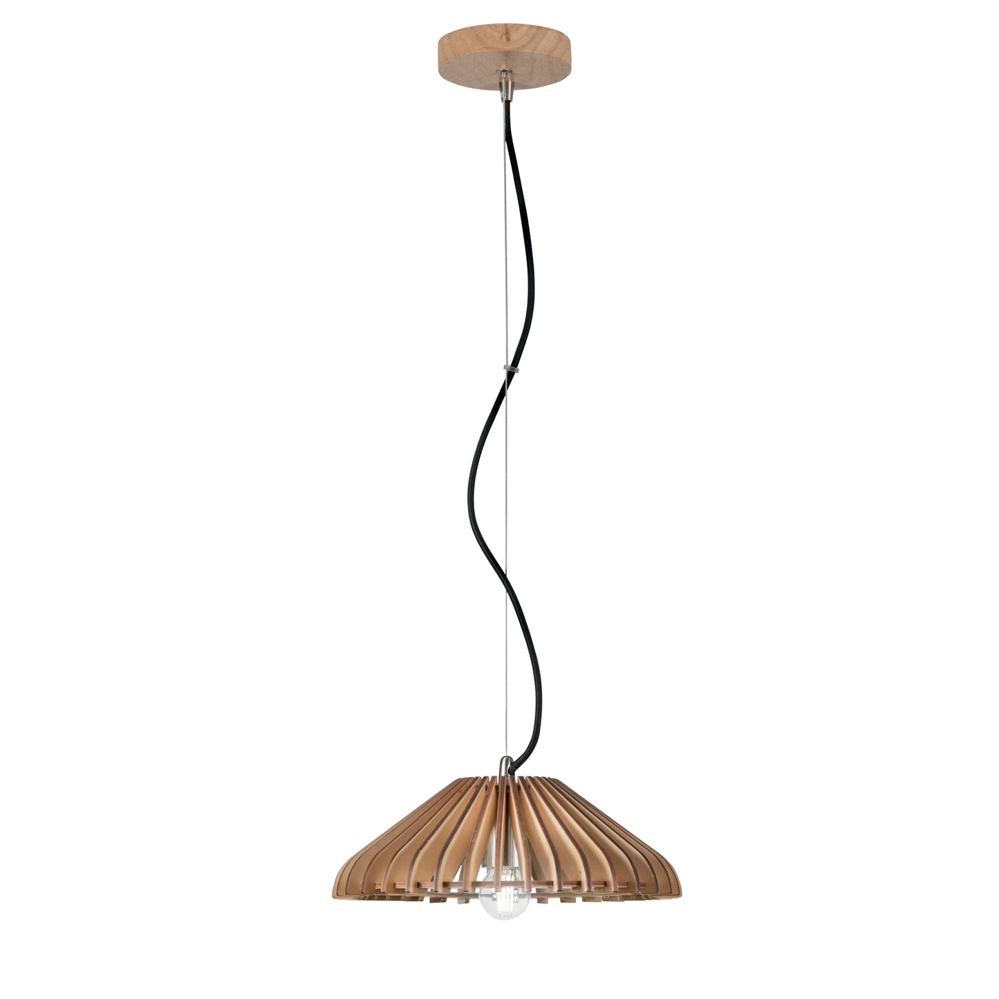 Lampadario a sospensione CALDER in legno naturale con cavo in tessuto 30 cm.