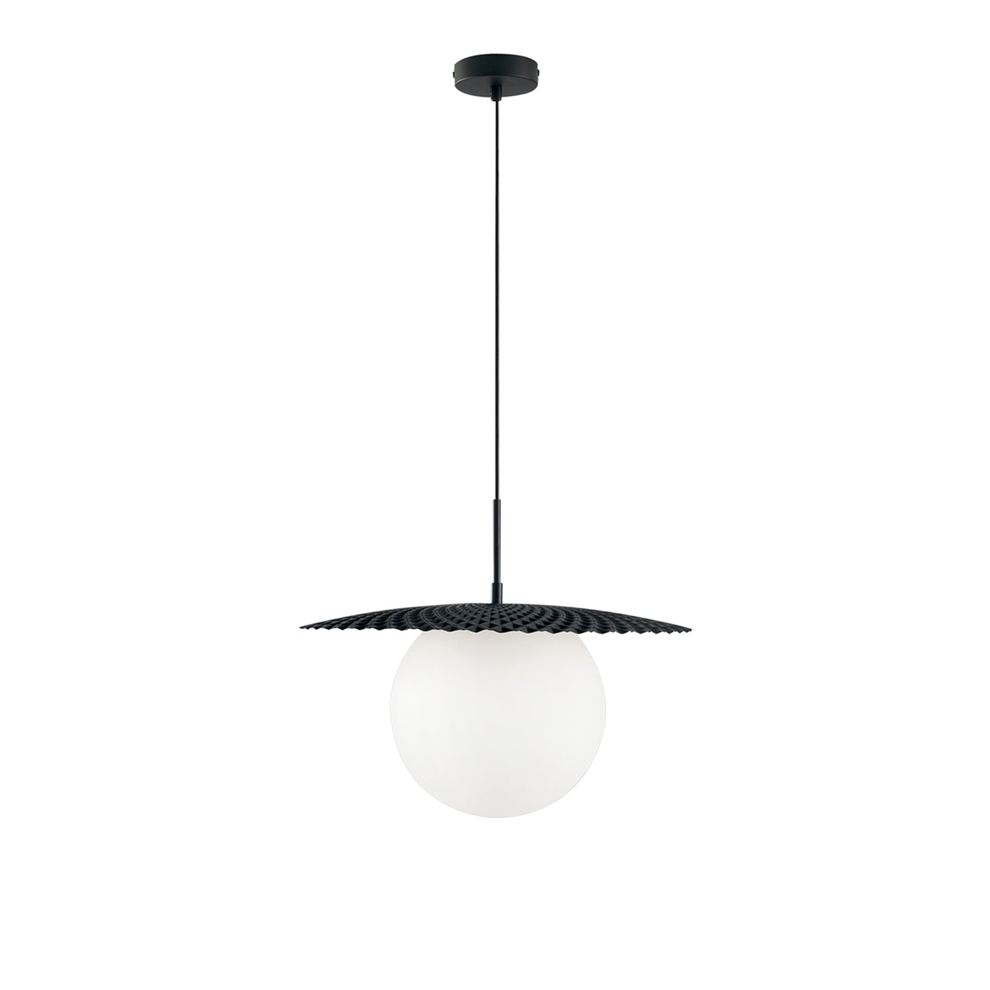 Sospensione CHAPLIN in metallo nero con diffusore in vetro bianco sigolo 45 cm Ø.