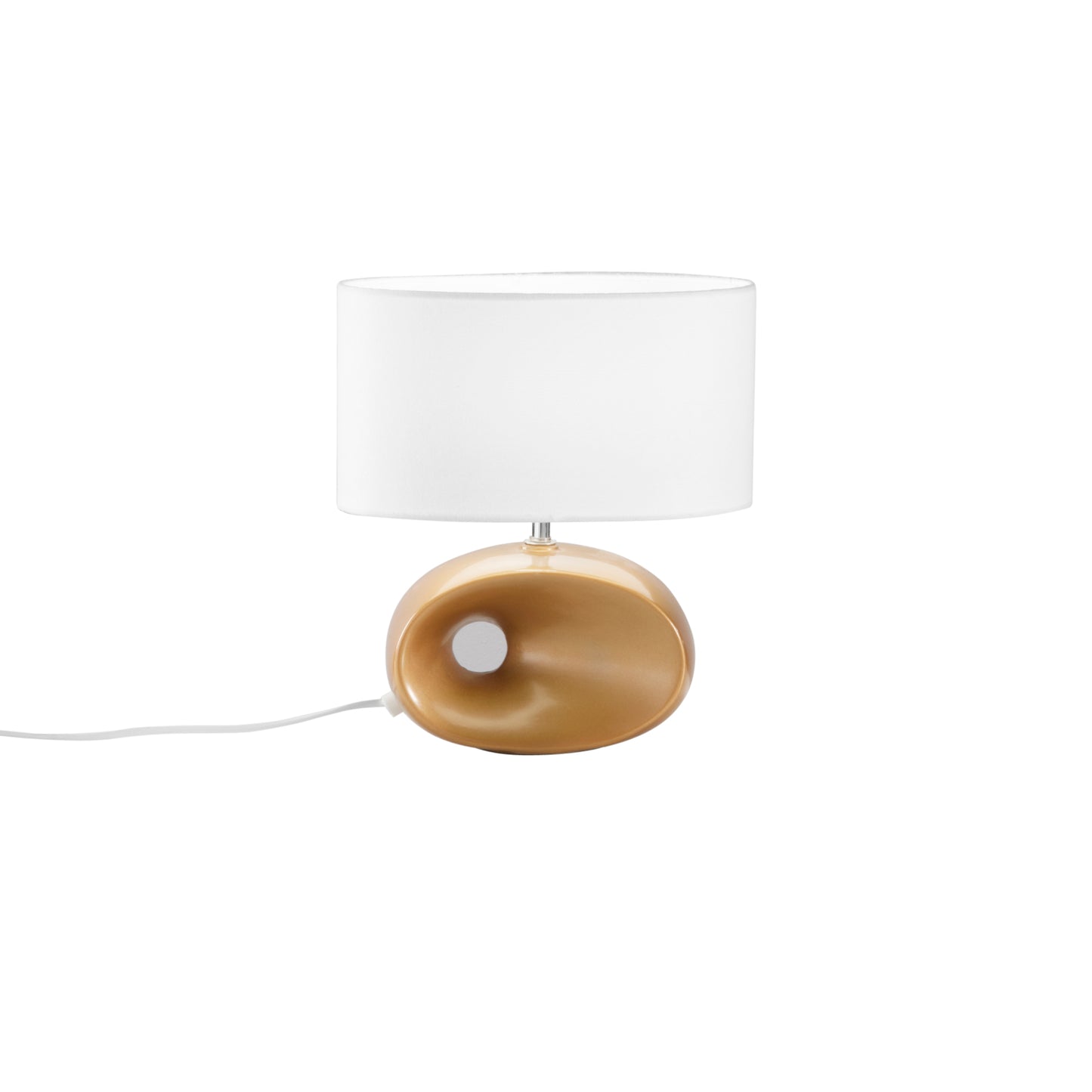 Lampada da tavolo EOLO in ceramica dorata con paralume in tessuto bianco