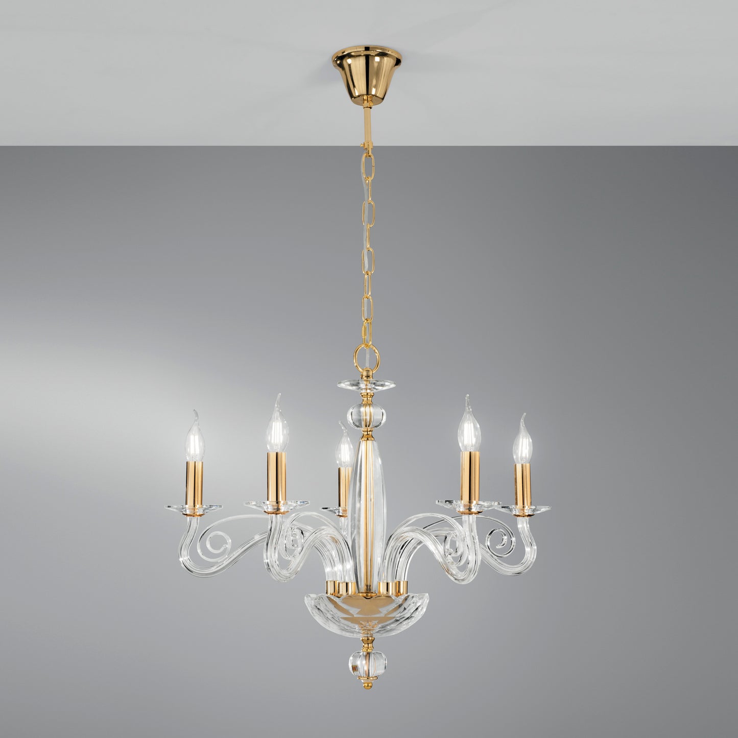 Lampadario a sospensione EPOQUE a cinque luci in cristallo con finiture oro