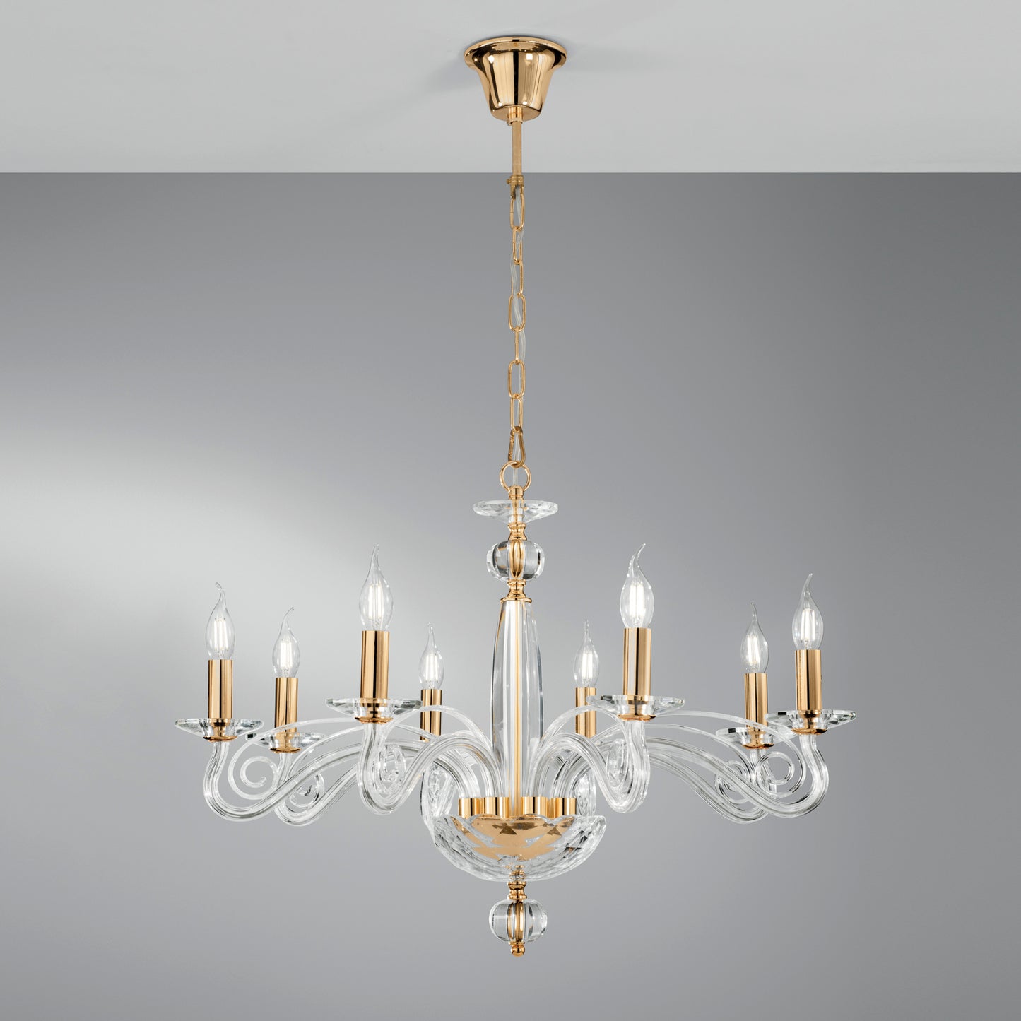 Lampadario a sospensione EPOQUE a otto luci in cristallo con finiture oro