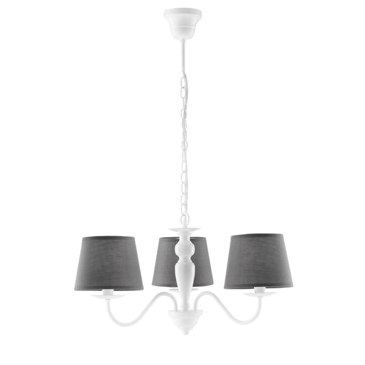 Lampadario FAVOLA in metallo bianco con tre paralumi in tessuto grigio