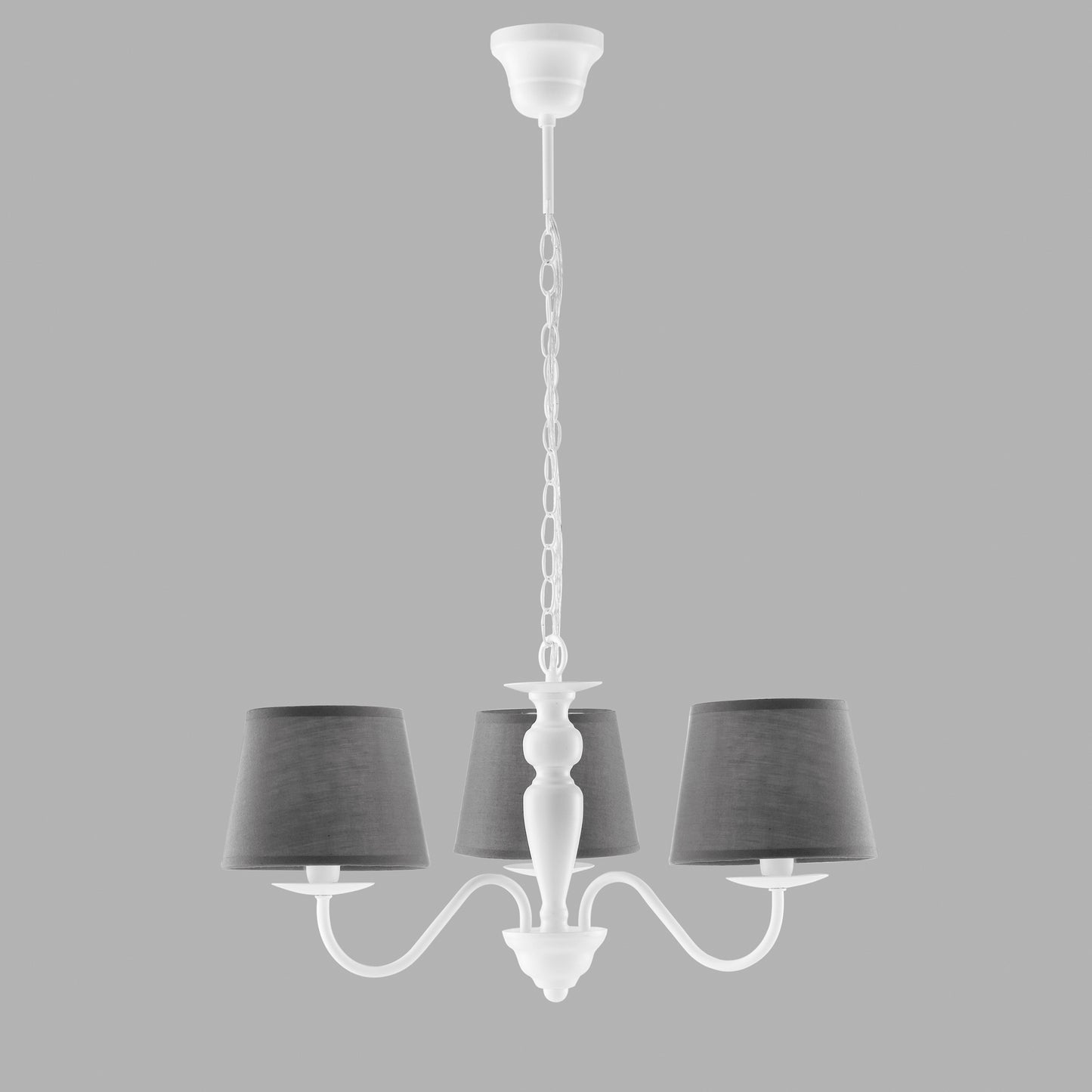 Lampadario FAVOLA in metallo bianco con tre paralumi in tessuto grigio