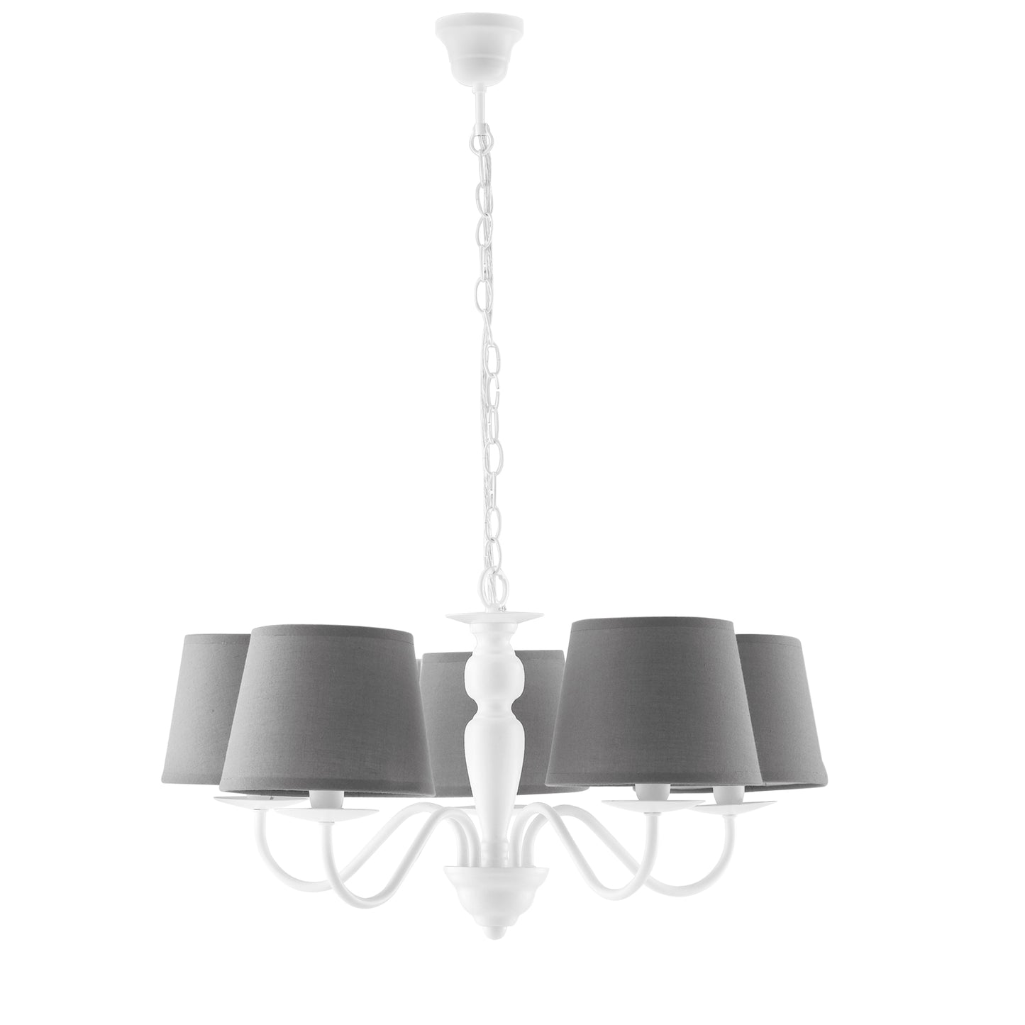 Lampadario FAVOLA in metallo bianco con cinque paralumi in tessuto grigio
