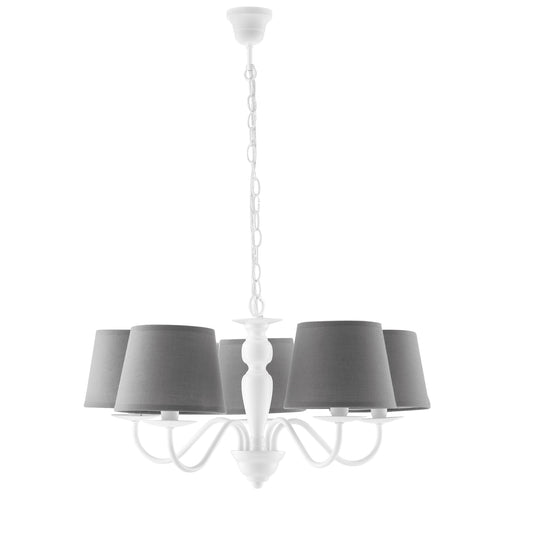 Lampadario FAVOLA in metallo bianco con cinque paralumi in tessuto grigio